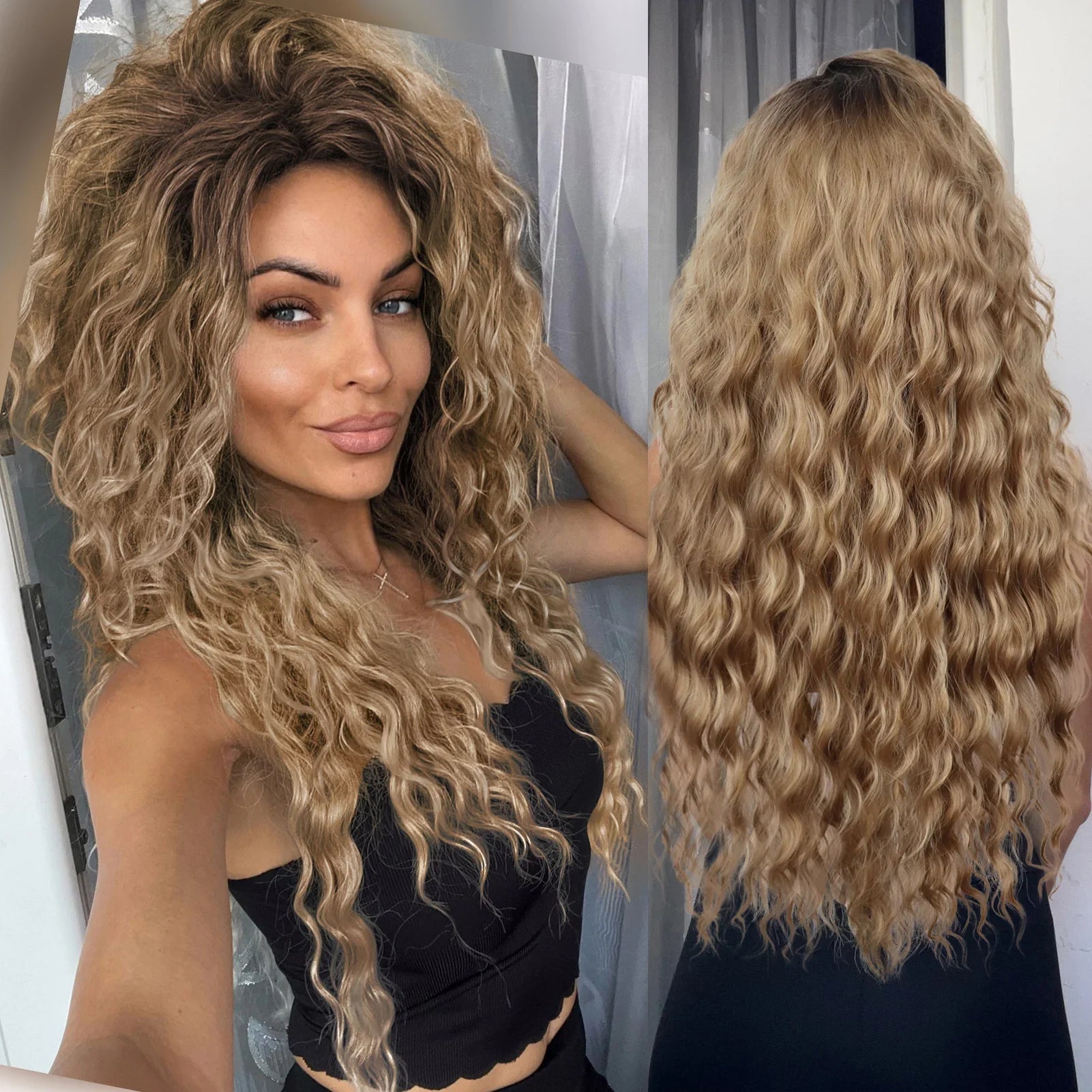 Ash Blonde Synthetic Long Curly Wig for Women - Fluffy Ombre Wave Hairstyle | Perfect for Costume Parties, Carnival, Cosplay & Daily Fashion