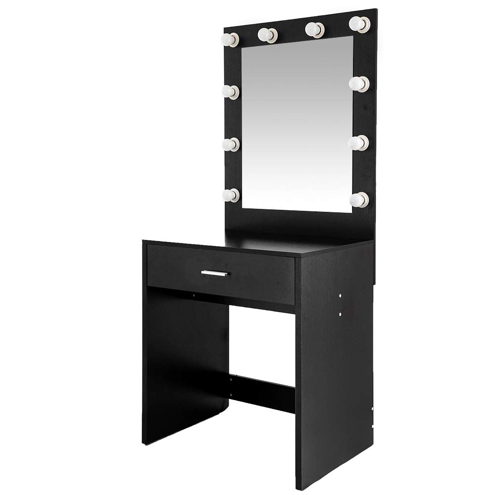 Volowoo Vanity Table with 10 LED Light Bulbs - Dressing Makeup Desk with Large Mirror & Storage Drawer - Perfect for Bedroom, Bathroom, or Dorm Room (Black, Warm White Light) - Ideal for Makeup Application, Skincare Routine & Hair Styling