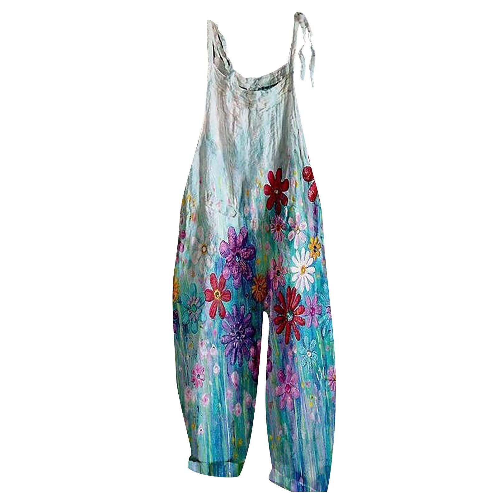 Women's Floral Cotton Jumpsuit - Elegant Sleeveless Romper with Spaghetti Straps & Tie Waist for Casual Outings, Summer Parties & Beach Vacations