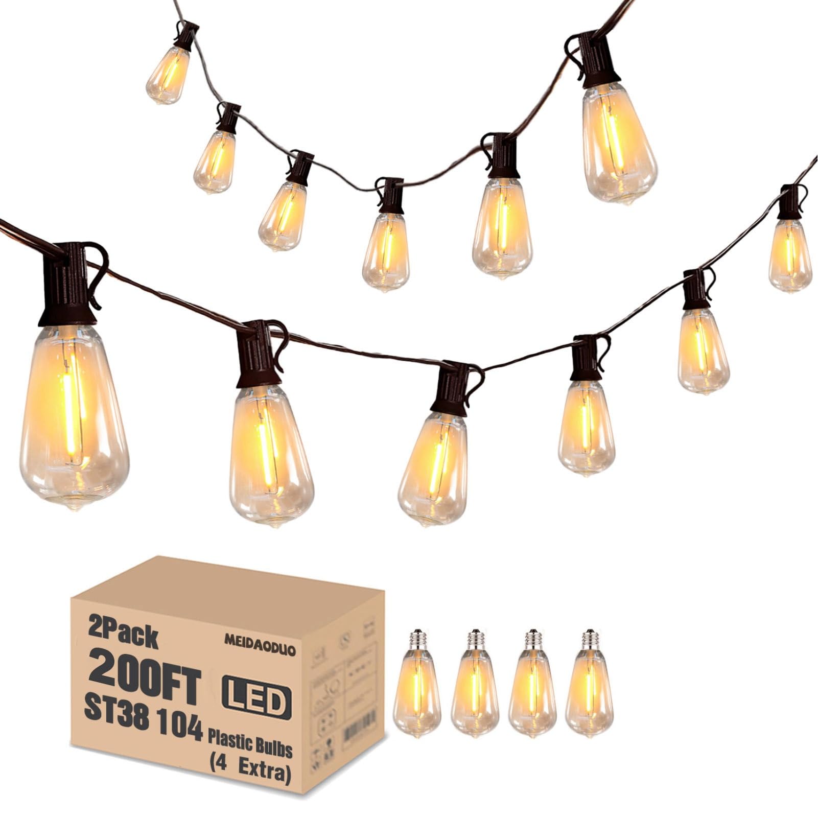 200FT Outdoor LED String Lights - Waterproof Shatterproof Edison Bulbs, 2200K Warm White Patio Lights with 104 ST38 Plastic Bulbs (2 Pack x 100FT) - Perfect for Gazebo, Pergola, Backyard, Wedding & Bistro Decor