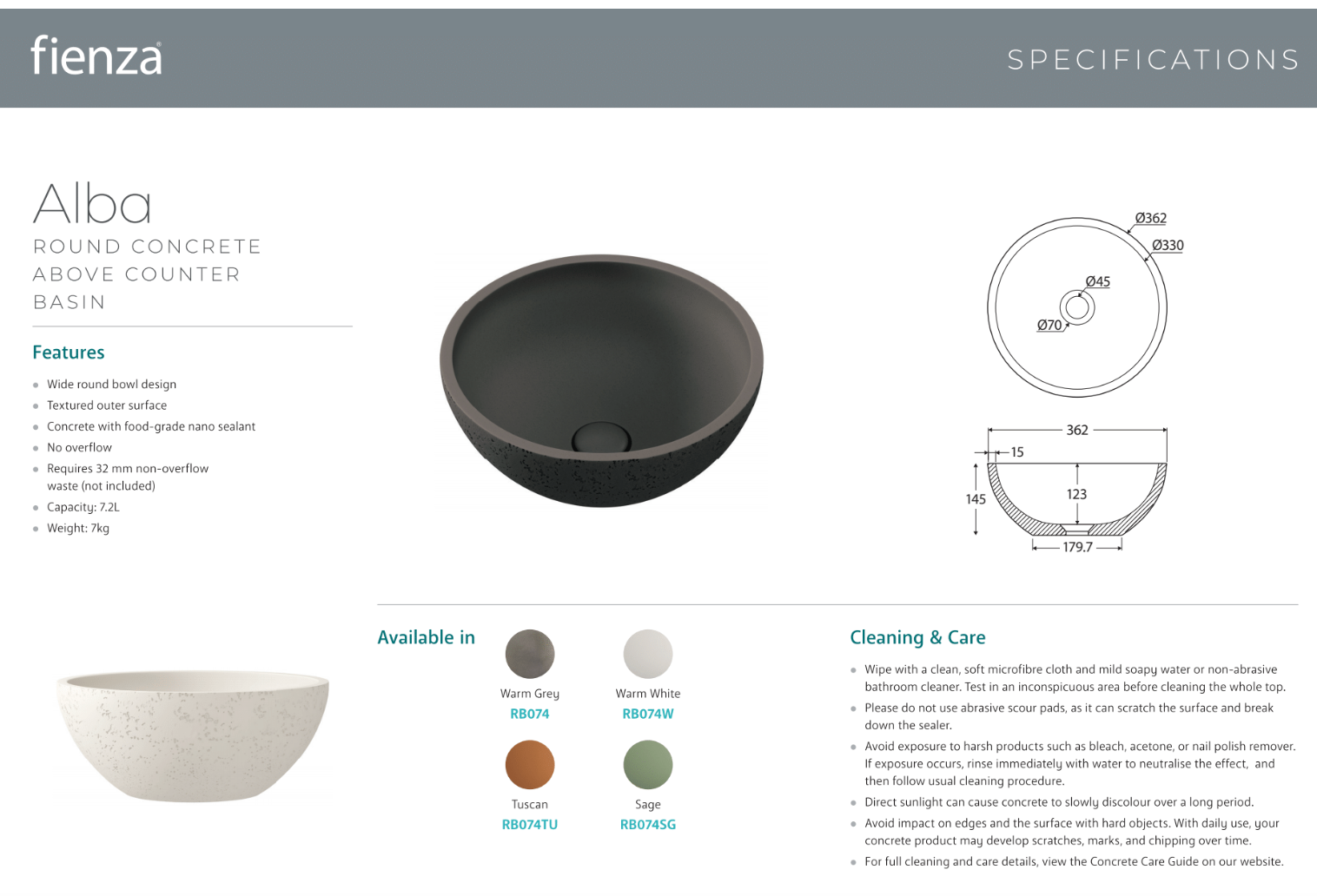 Fienza RB074SG Alba Round Concrete Above Counter Basin in Sage Green - Modern Farmhouse Bathroom Sink for Vanity, Powder Room & Guest Bath Decor