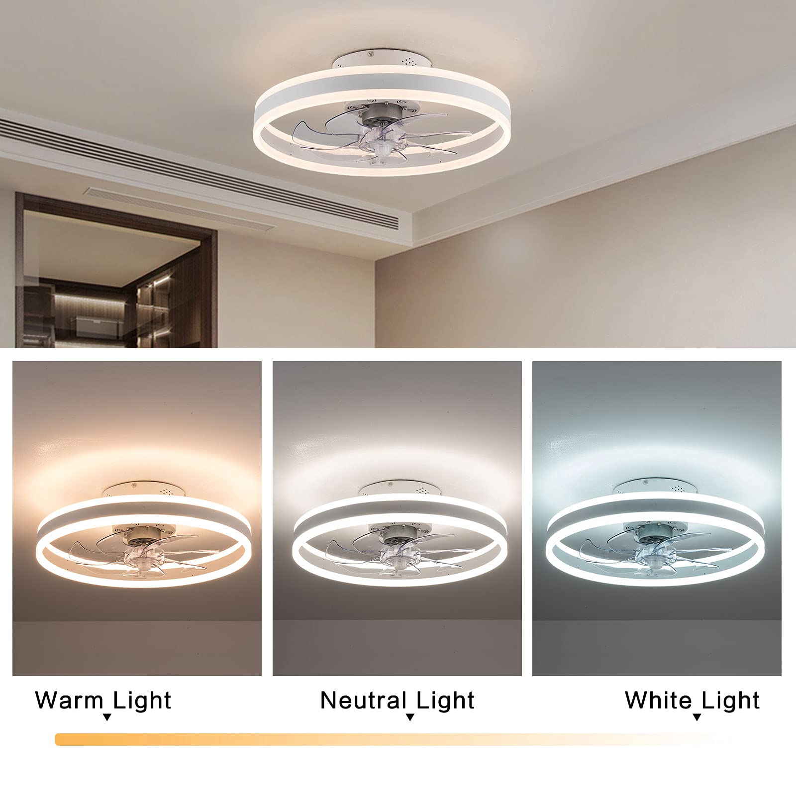 OUKANING Low Profile Ceiling Fan with Light - Modern Flush Mount Enclosed Ceiling Fan, Invisible Fan Chandelier (White) - Perfect for Bedroom, Living Room & Office Spaces
