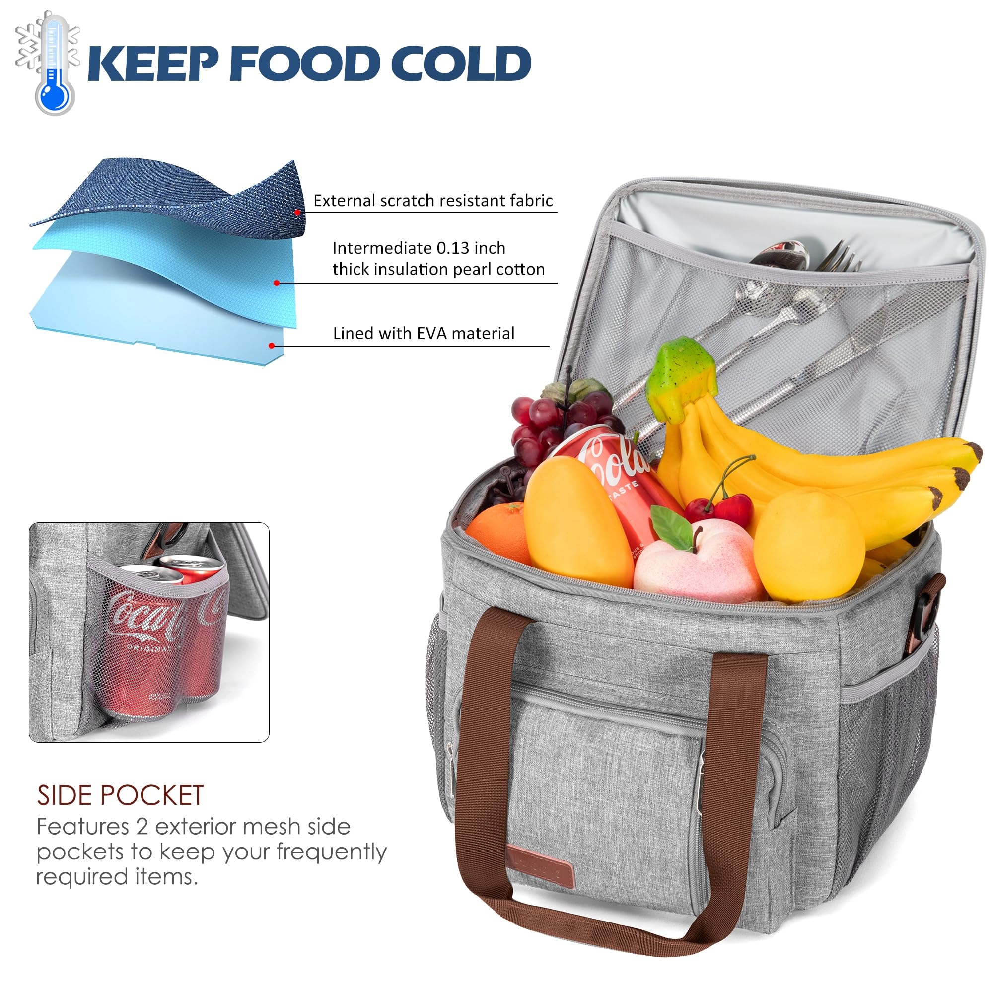 MIYCOO Insulated Lunch Bags for Women & Men - Large 12L Leakproof Soft Cooler Tote Bag (Grey) - Perfect for Work, School, Picnics & Outdoor Activities