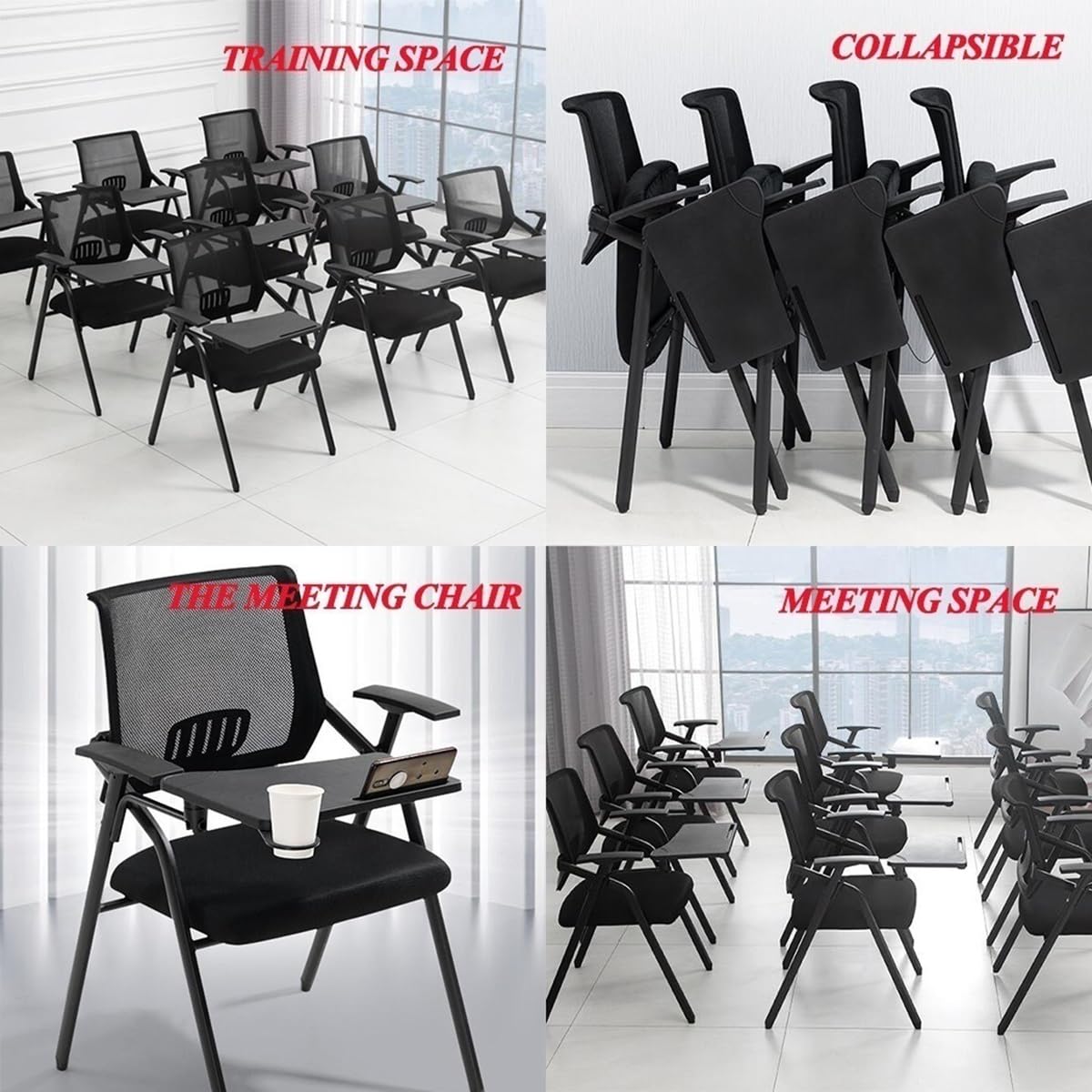 Ergonomic Mesh Office Chair with Arms - Adjustable Task Chair with Folding Desk, Writing Board & Cup Holder - Comfortable Guest Chair with Tablet Arm & Metal Frame (Orange) - Perfect for Home Office, Study & Conference Rooms