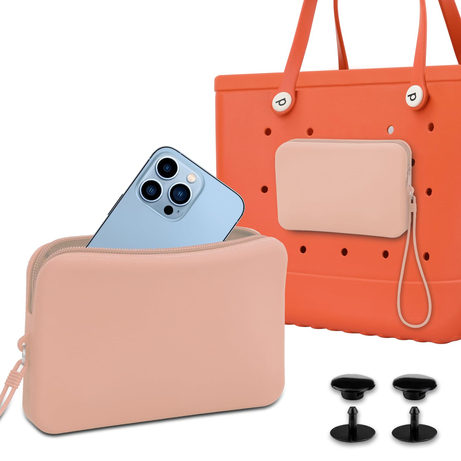 Bogg Bag Accessories Set - Large Pink Silicone Phone Holder, Charm & Zipper Wallet with Lanyard for Beach Tote Bags | Perfect for Pool, Vacation & Outdoor Activities