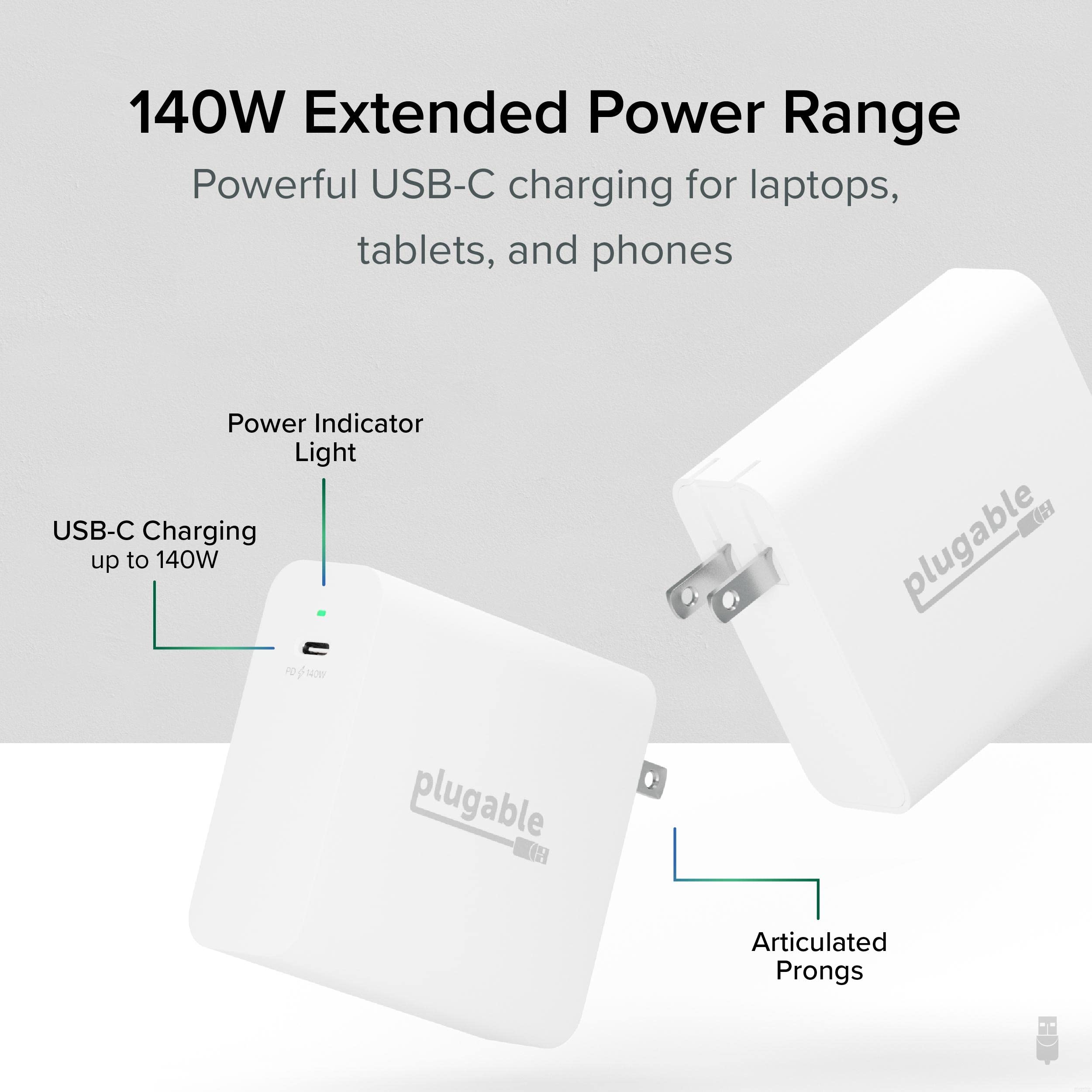 Plugable 140W USB C GaN Fast Wall Charger - PD 3.1 (EPR) Power Adapter for MacBook Pro/Air, iPad Pro, Surface Laptop & USB-C Devices - Perfect for Home, Office & Travel Charging