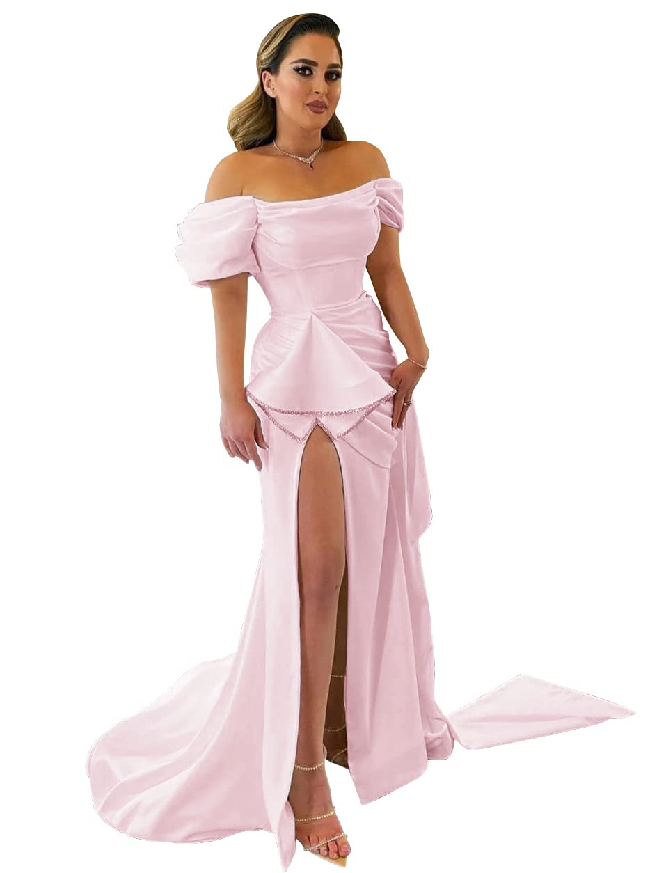 Elegant Puffy Sleeve Prom Dresses for Women - Off Shoulder Beaded Mermaid Gown with Satin Slit | Long Evening & Formal Wedding Dress | Perfect for Homecoming, Prom Night, Red Carpet Events & Special Occasions