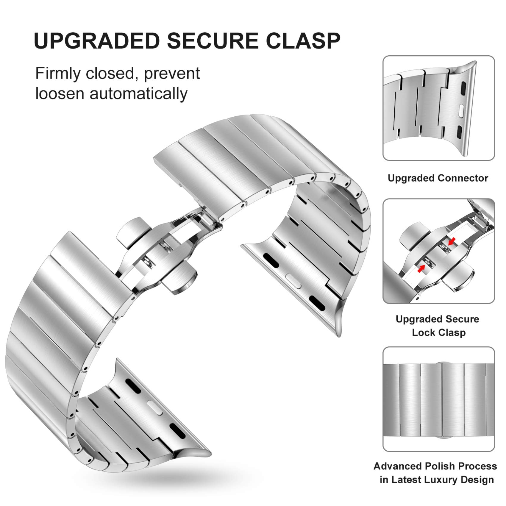 Fitlink Upgraded Stainless Steel Metal Watch Band for Apple Watch Series 6/SE/5/4/3/2/1 - 38mm 40mm Compatible Bands - Silver, Perfect for Workout, Office & Everyday Wear