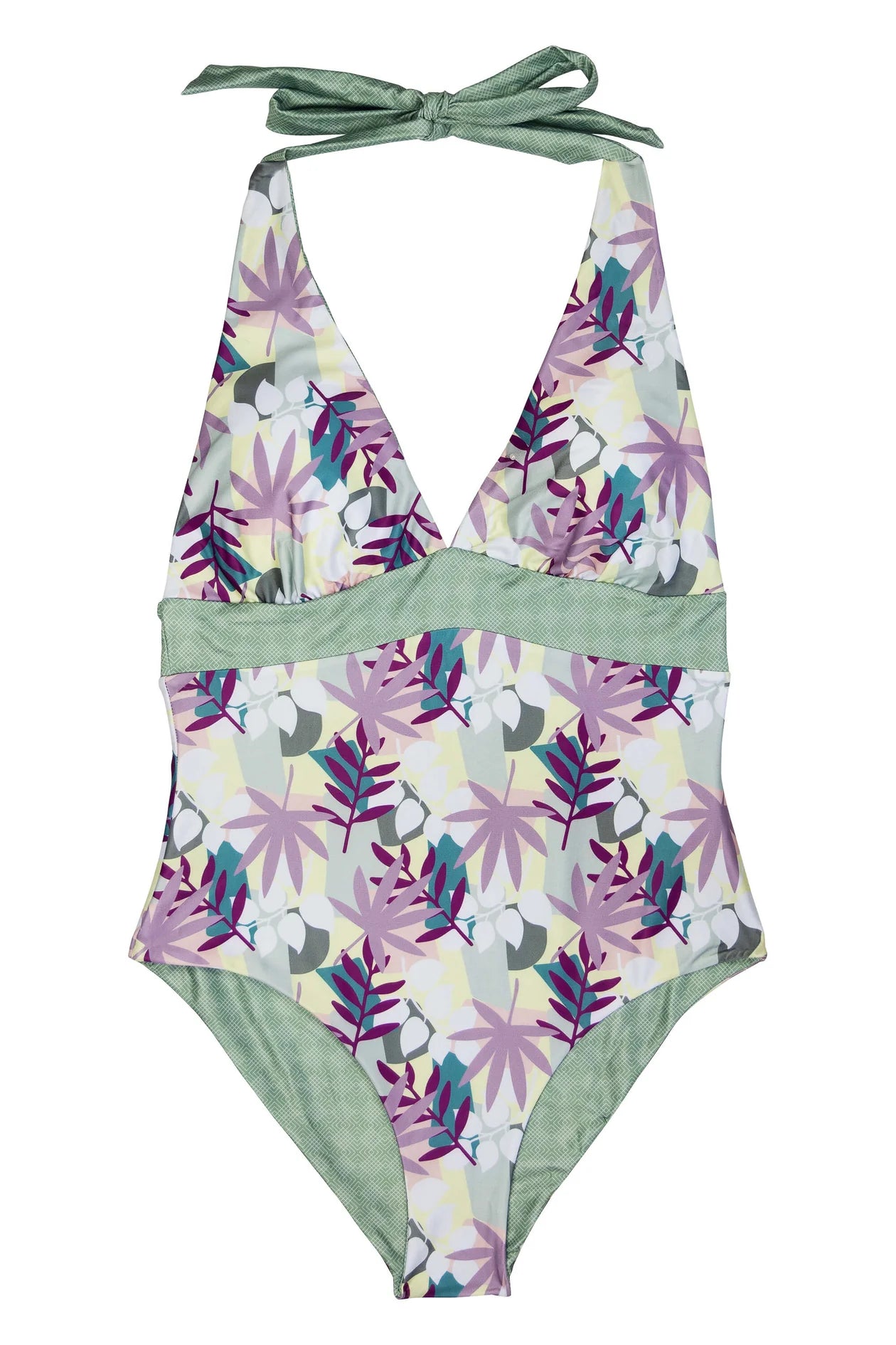 Almeria Halter One Piece Swimsuit - Reversible Bikini Top & Bottom - Jardin Floral & Diamonds Green Print - Perfect for Beach, Pool, and Summer Vacations