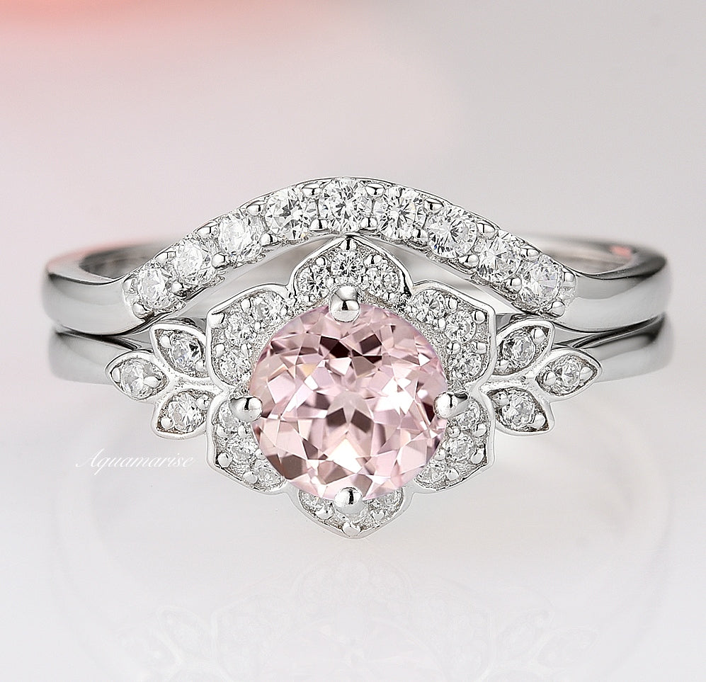 Elegant Jasmine Morganite Ring Set in Sterling Silver - Perfect for Weddings, Anniversaries & Special Occasions