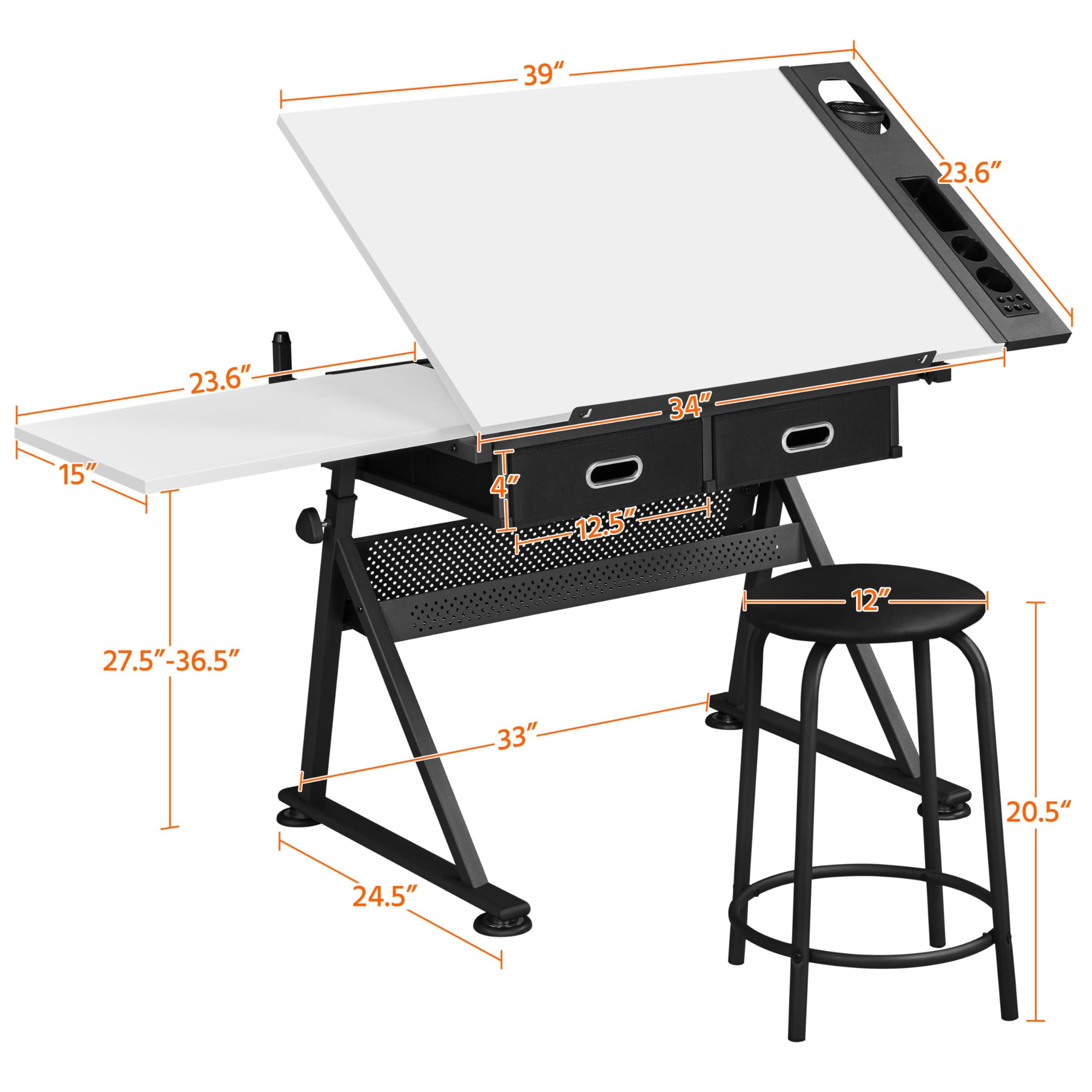 Yaheetech Adjustable Height White Art Desk for Adults - Tilting Drafting Table with Extra Large Desktop, Drawers & Foldable Stand - Craft Painting Desk & Chair Set with Stools for Home Office, Studio & Artist Workspace