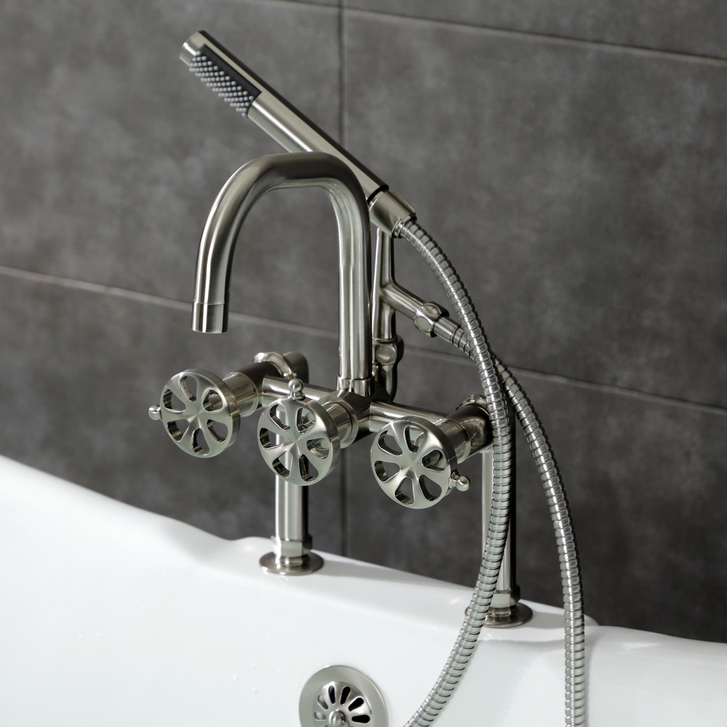 Belknap AE8408RX 3-Handle 2-Hole Deck Mount Clawfoot Bathtub Faucet with Hand Shower in Brushed Nickel - Vintage Style Bathroom Fixture for Classic & Modern Homes