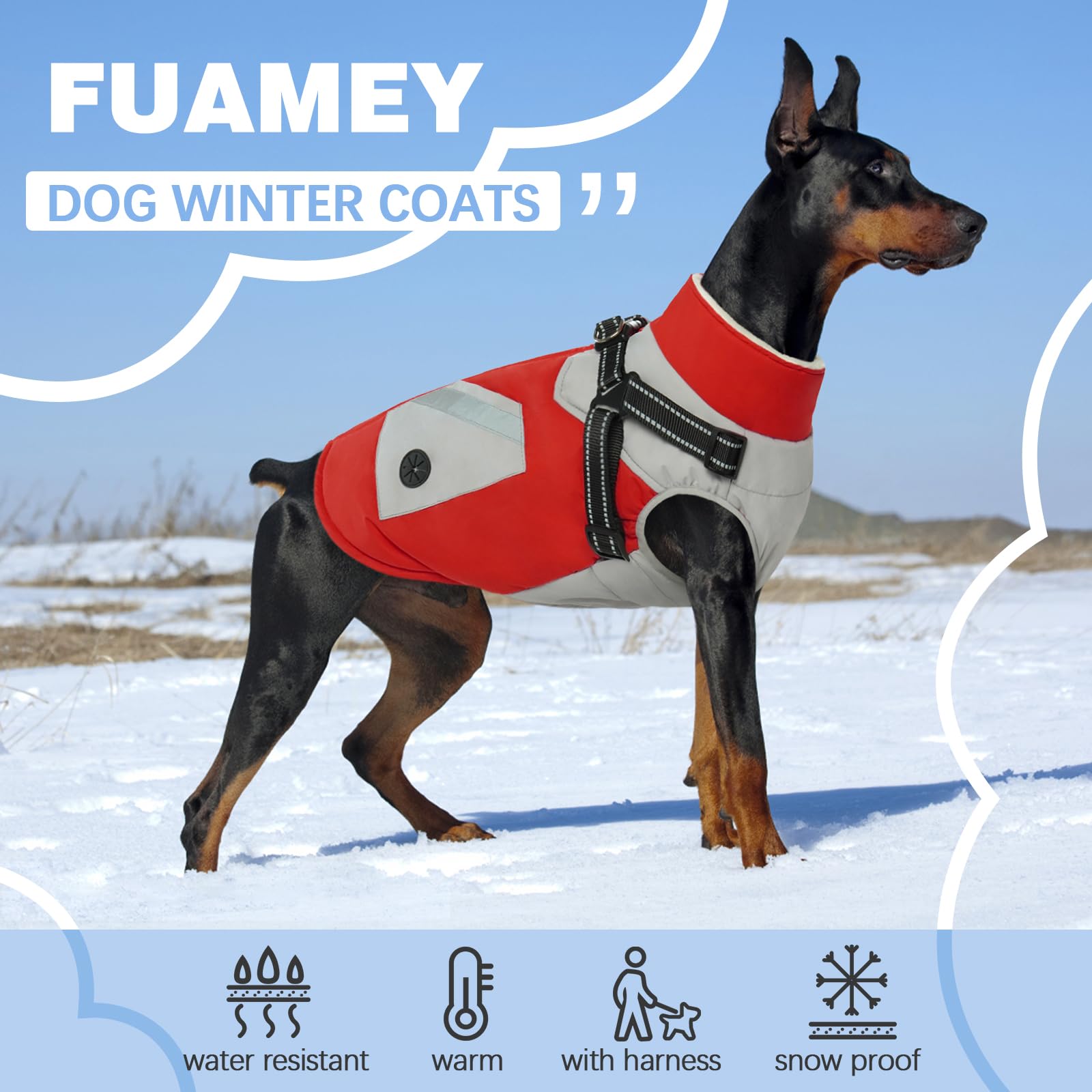 FUAMEY Waterproof Dog Jacket with Built-in Harness - Winter Coat with Back Zipper & Poop Bag Pockets - Reflective Snowsuit Vest for Medium Dogs (Red, Size M) - Perfect for Outdoor Walks, Hiking & Cold Weather Protection