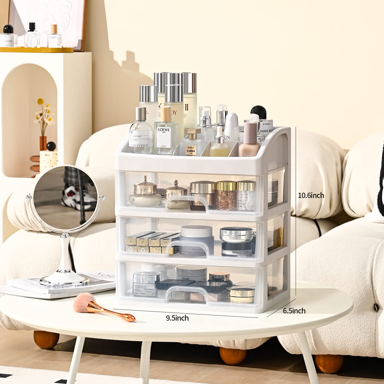 3-Drawer Makeup Organizer for Vanity & Bathroom Countertop - Cosmetic Storage Case with Drawers, Beauty Display Organizer for Desk & Dresser - Perfect for Makeup Brushes, Lipsticks, and Skincare Products