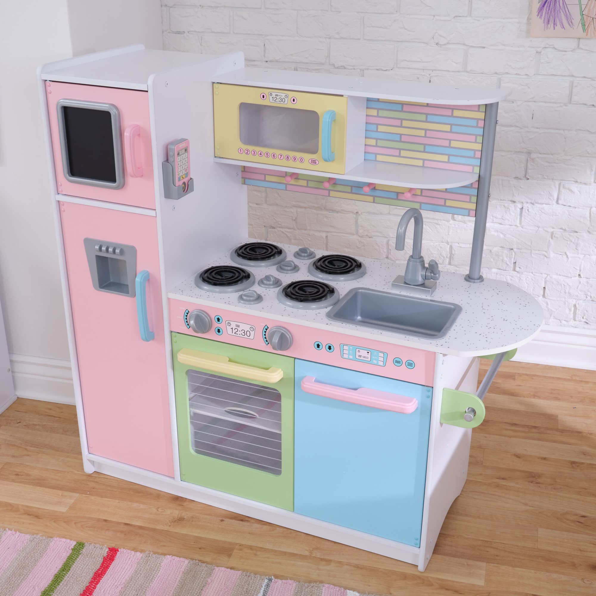 KidKraft Uptown Pastel Wooden Play Kitchen Set with Chalkboard, Play Phone & See-Through Doors - Pretend Play Toy for Toddlers Ages 3+ | Perfect for Imaginative Play, Birthday Gifts & Preschool Learning