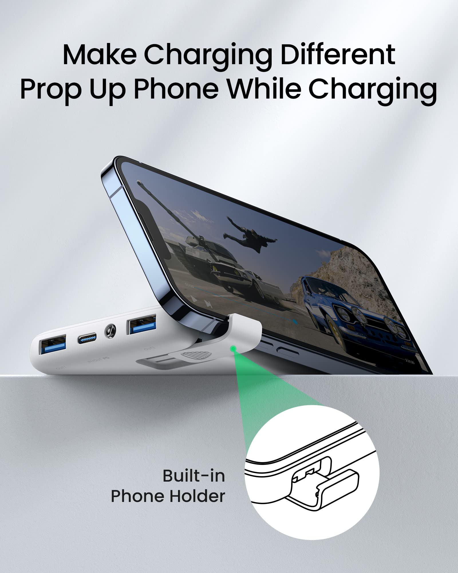 INIU 10000mAh Power Bank - 22.5W PD3.0 QC4.0 Fast Charging Portable Charger with LED Display, Slim Design, Phone Holder & Flashlight - Compatible with iPhone 16/15/14/13 Pro Max/X, Samsung S22/S20, Google Pixel, LG - Perfect for Travel, Camping & Emergency Charging