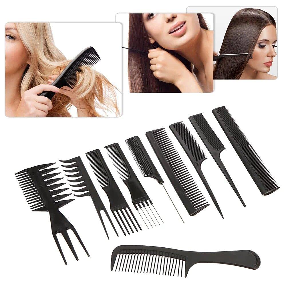 Professional 10-Piece Plastic Hair Comb Set for Salon Styling - Multipurpose Hairbrush & Barber Tools for Cutting, Styling & Detangling (Black) - Perfect for Home Haircuts, Salon Use & Travel Grooming Kits