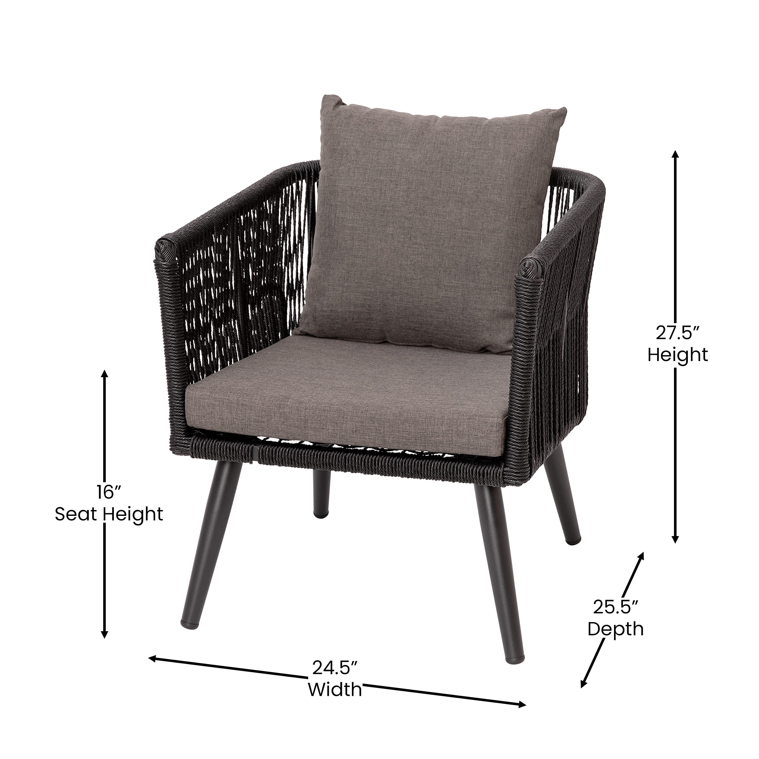 Merrick Lane Magnolia 4-Piece Outdoor Furniture Set - Black Woven Aluminum Loveseat, 2 Chairs & Coffee Table with Gray Cushions - Perfect for Patio, Garden & Backyard Relaxation