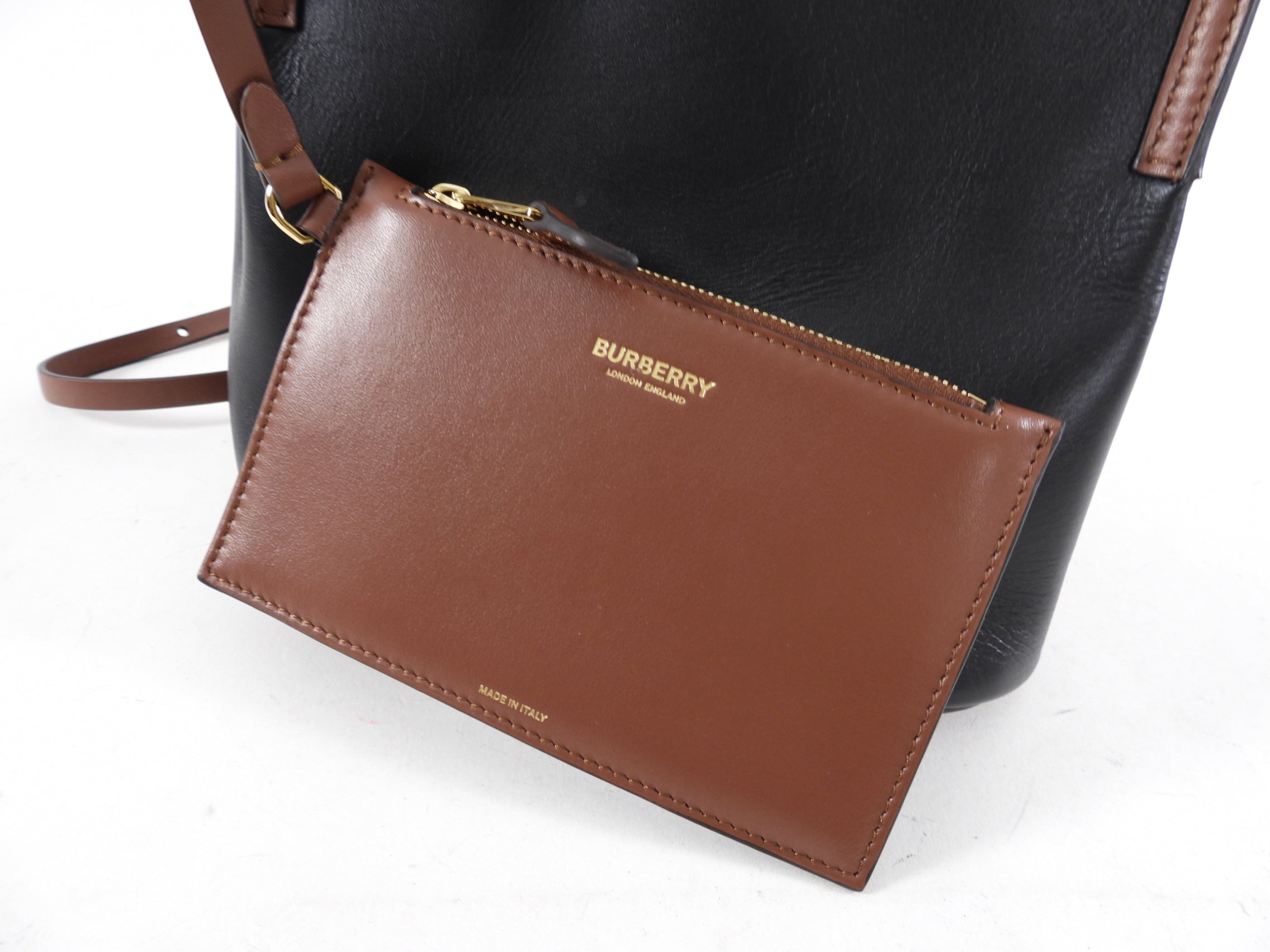 Burberry Black & Brown Leather Small Bucket Bag with Detachable Pouch - Stylish Crossbody Handbag for Women, Perfect for Work, Travel & Everyday Use