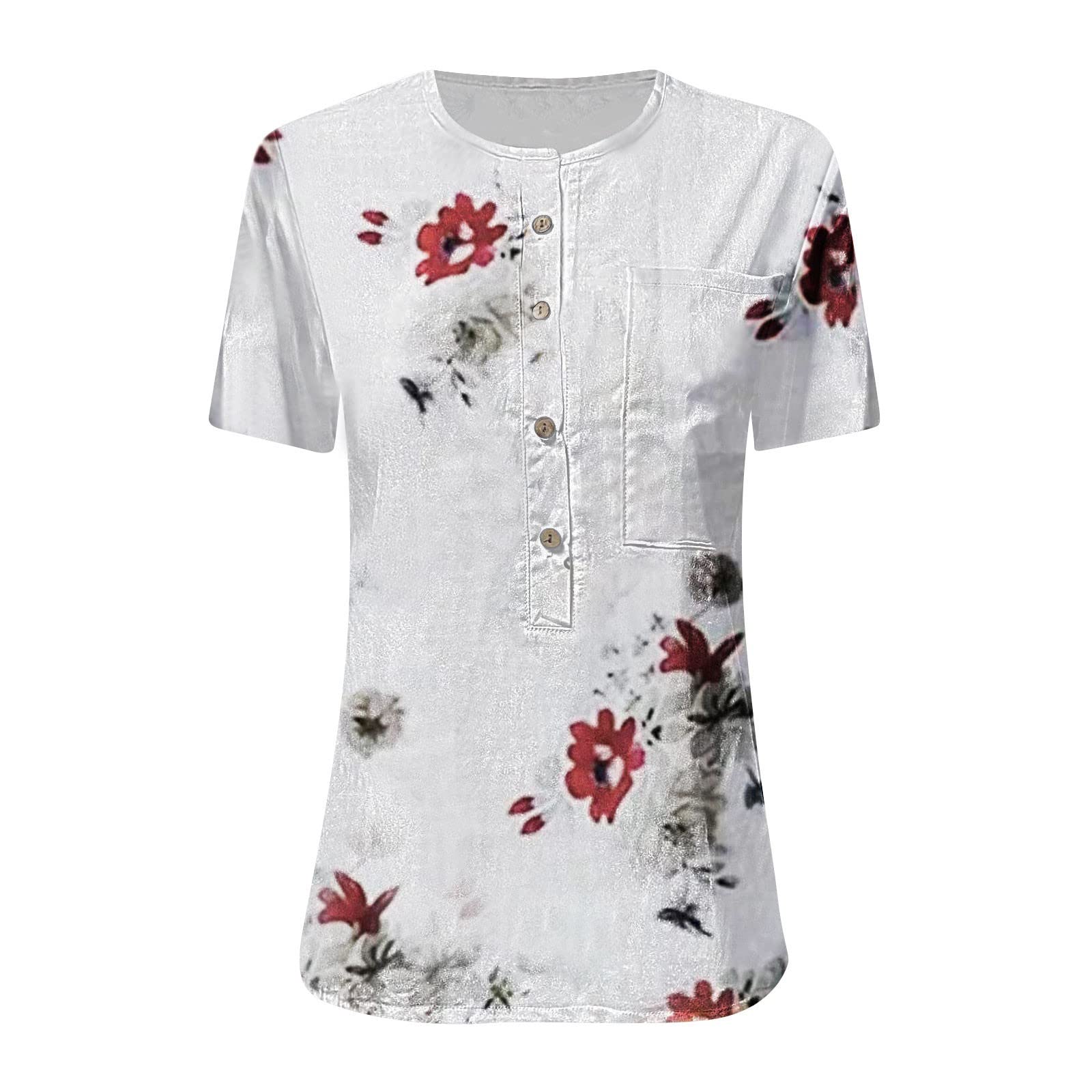 Plus Size Floral Henley Neck T-Shirt - Lightweight Loose Fit Short Sleeve Blouse for Women | Breathable Polyester Travel Shirt for Fall | Casual Outfits, Date Nights & Weekend Getaways