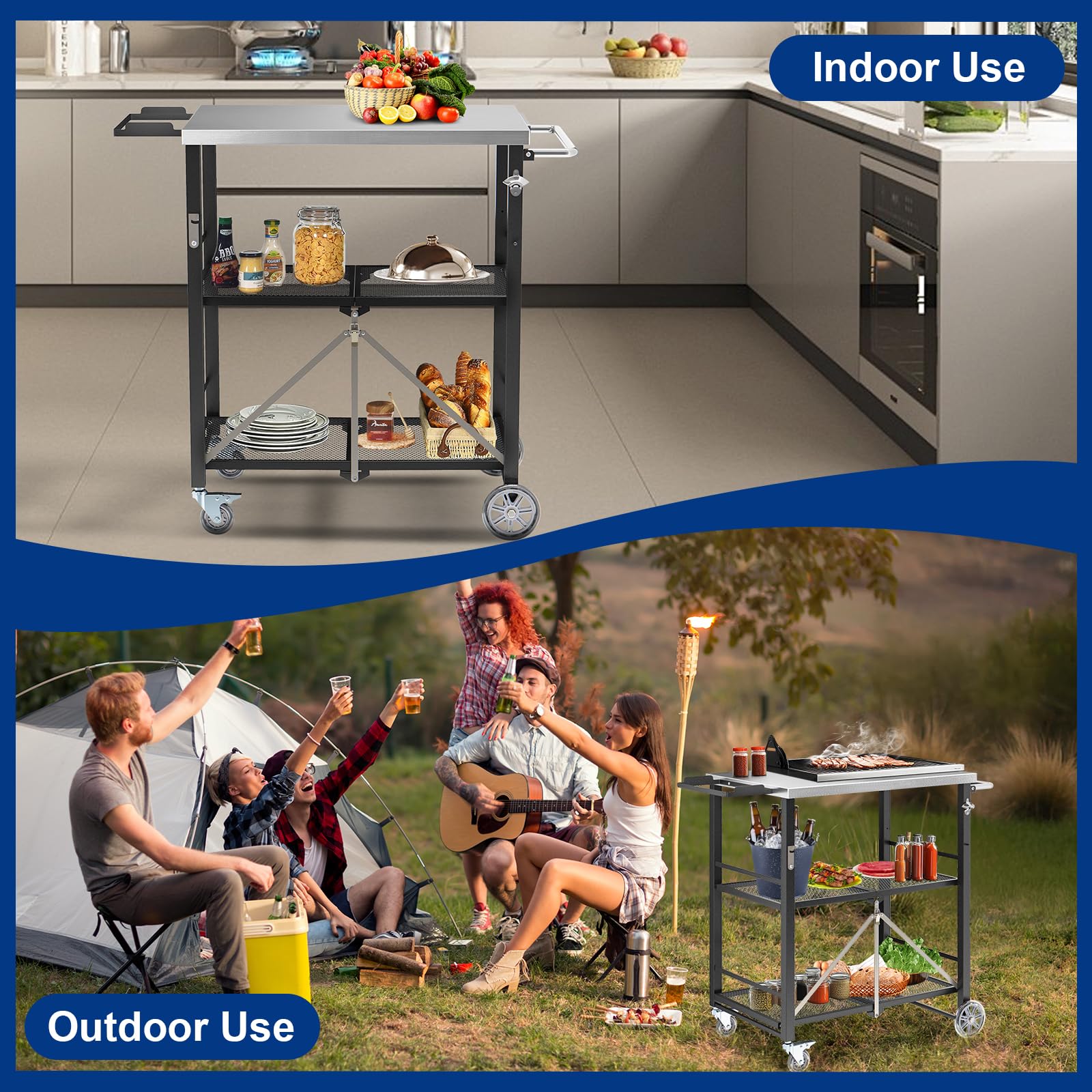 Portable Stainless Steel Folding Grill Cart - Outdoor BBQ Table for Ninja Woodfire, Blackstone Griddle & Cuisinart | Foldable Kitchen Island with Pizza Oven | Perfect for Camping, Backyard Parties & Tailgating