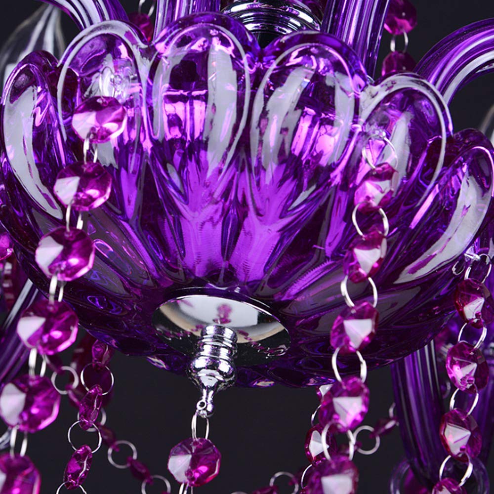 LAKIQ Modern Crystal Chandelier - Adjustable Hanging Pendant Light Fixture for Dining Room, Living Room & Bedroom - 6-Light Candle Candelabra Design (Purple) - Perfect for Home Decor, Wedding Venues & Restaurant Lighting