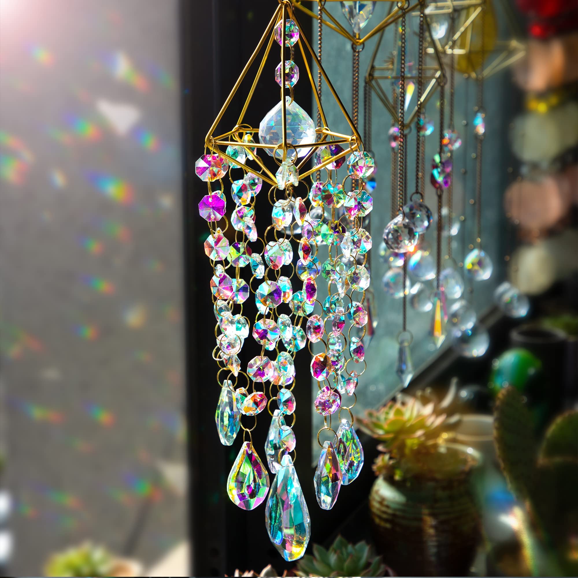 **Handmade Gold Plated Crystal Guardian Angel Suncatcher - Rainbow Pendant Wind Chime for Garden, Window & Outdoor Decor | Spiritual Gift & Home Ornament**