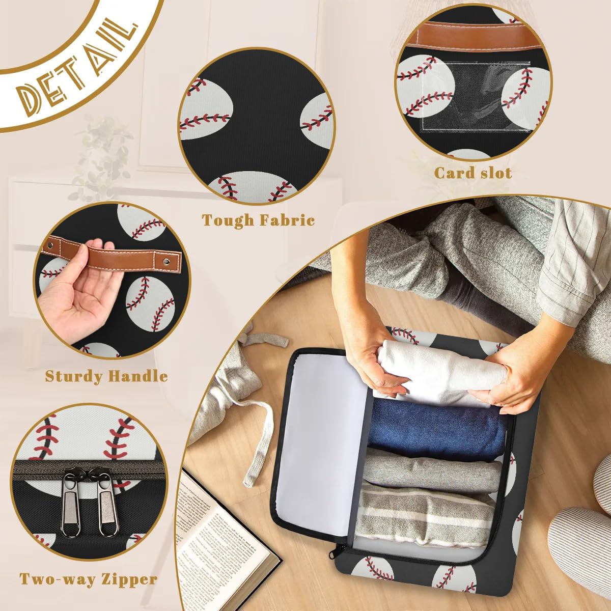 Baseball Print Storage Bins with Zipper Lid - Foldable Fabric Storage Baskets for Clothes, Blankets & Toys - Collapsible Storage Box with Handles (2 Pack) - Perfect for Closet, Nursery & Playroom Organization