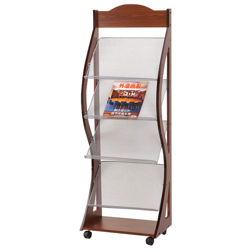 Premium Wooden Newspaper & Magazine Display Stand - 4-Tier Mesh Shelf Floor Rack for Home, Office, or Library Organization