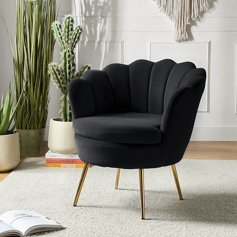 Evelia Velvet Scalloped Barrel Chair - Luxurious Velvet Accent Chair with Curved Back for Living Room, Bedroom & Office - Perfect for Reading Nook, Lounge Area or Home Decor