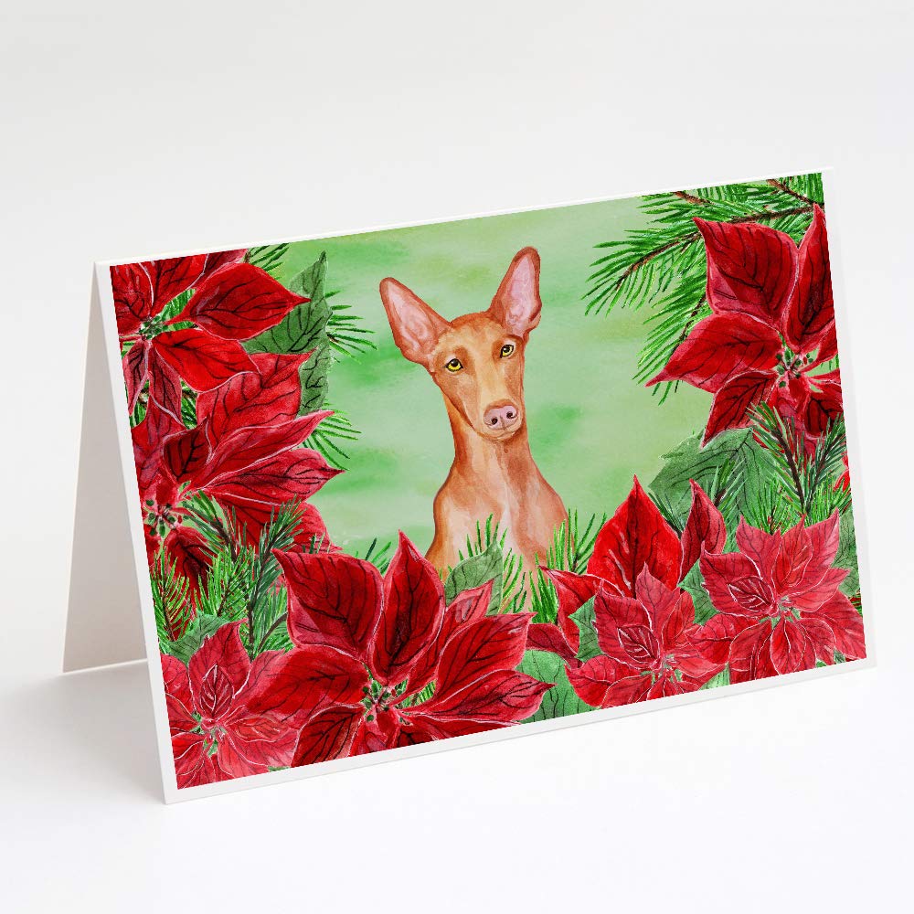 Pharaoh Hound Poinsettia Greeting Cards - Pack of 8 Blank A7 Note Cards (5x7 inches) with Envelopes | Whimsical Dog Christmas Holiday Cards for Gifts, Thank You Notes & Seasonal Greetings