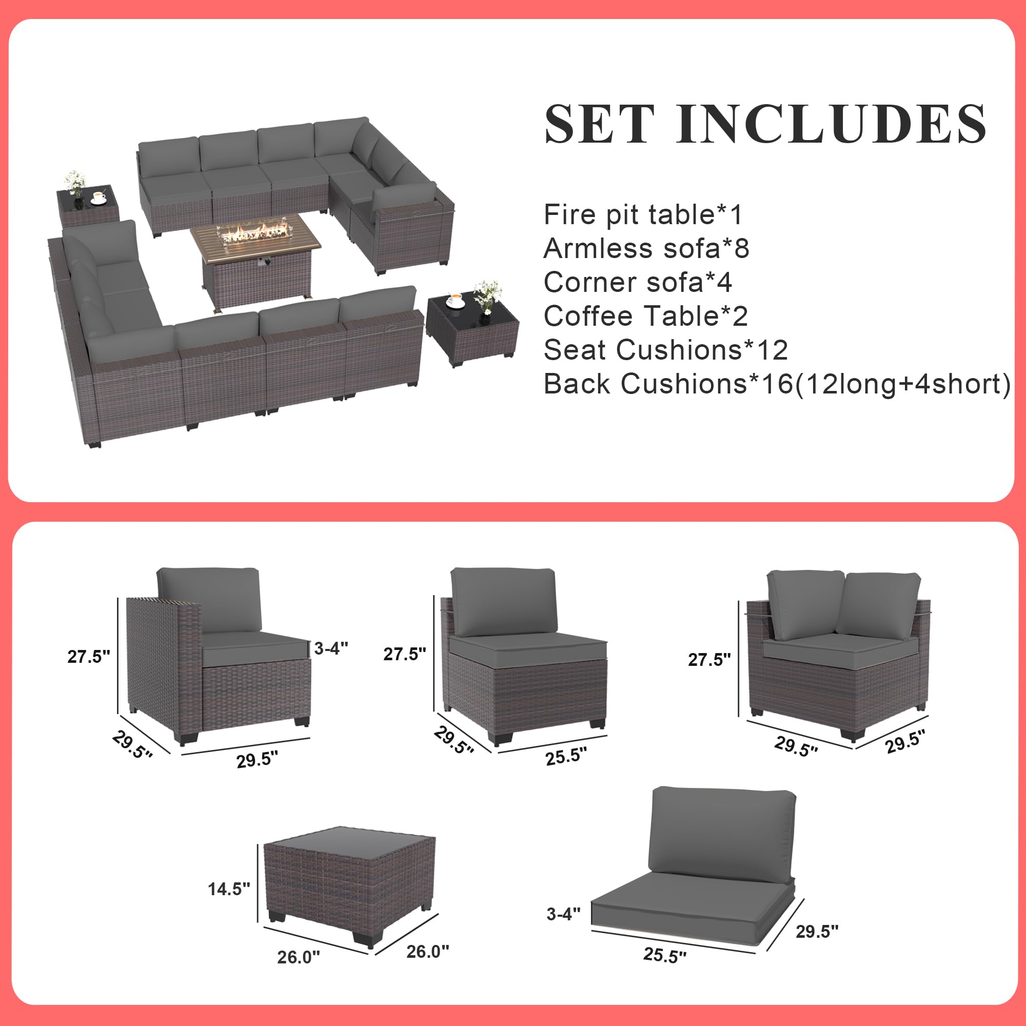 Gotland 15-Piece Outdoor Patio Furniture Set with 43-inch Gas Fire Pit Table - 55,000 BTU Auto-Ignition Sectional Sofa Set with Glass Wind Guard - Perfect for Backyard, Garden, Poolside & Outdoor Entertaining