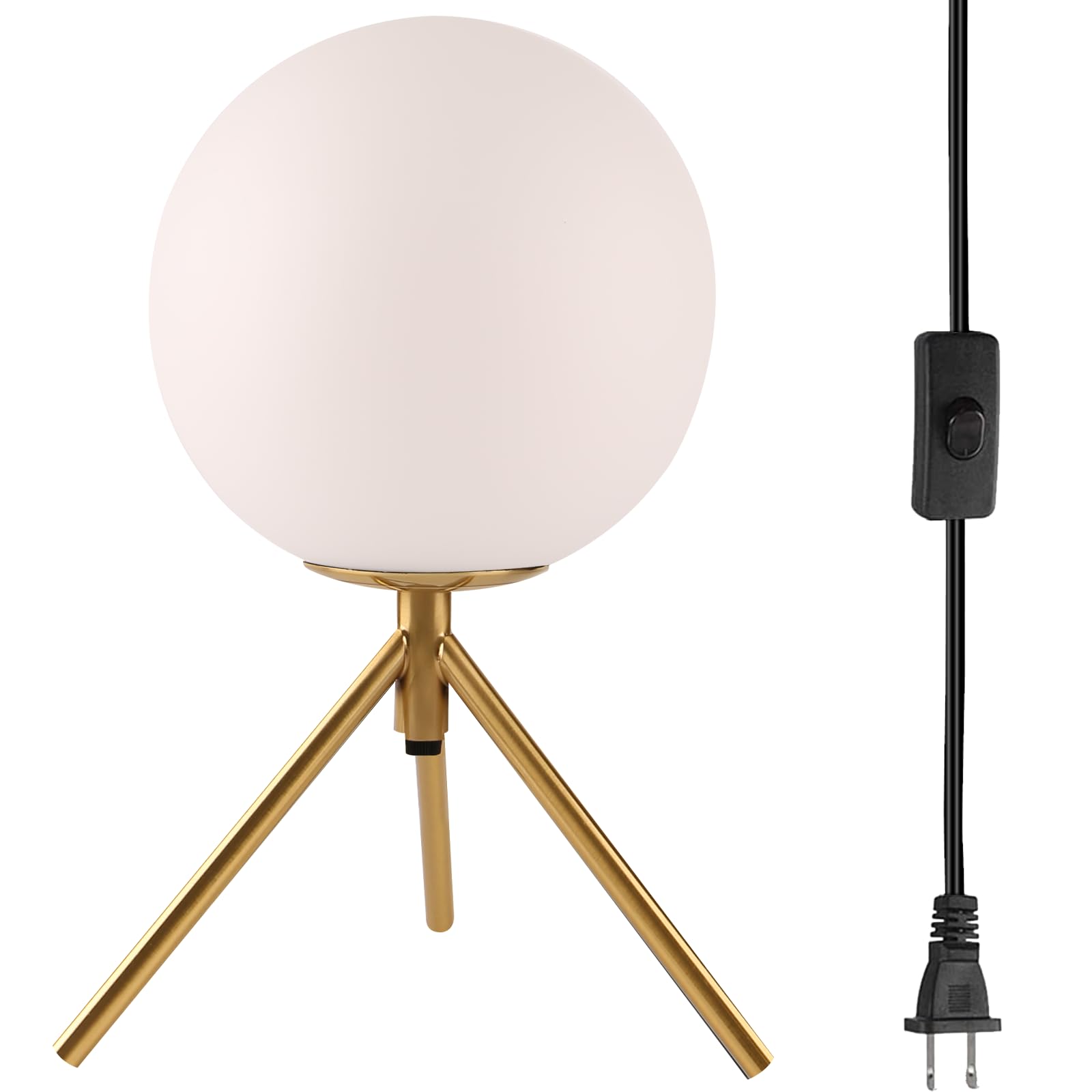 Gold Tripod Table Lamp with Milky Glass Globe - 14.2 Inch Plug-in Corded Bedside Lamp for Bedroom, Living Room, Study & Office - Elegant Nightstand Lighting for Reading & Home Decor