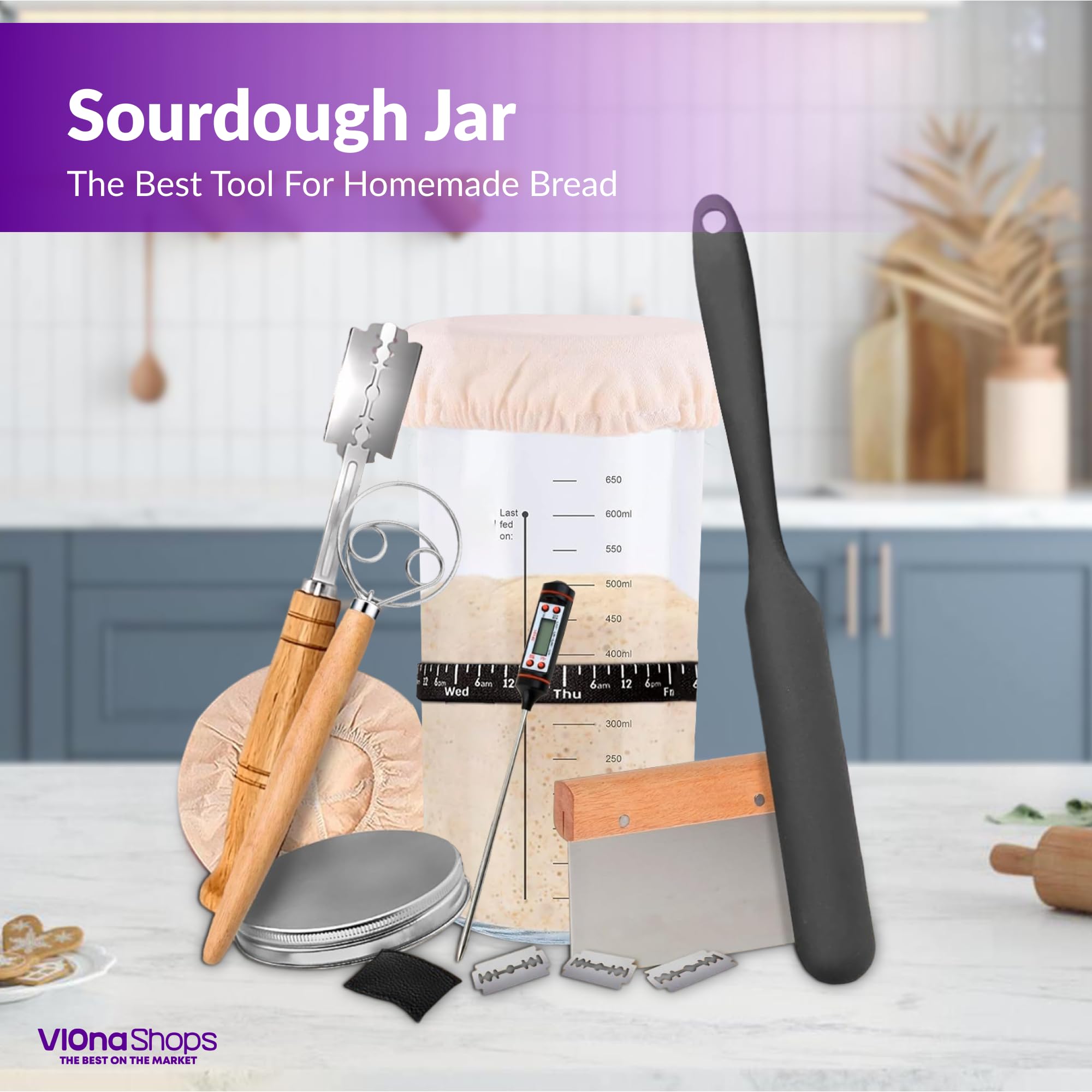 Organic Sourdough Starter Kit with Glass Jar - Complete Bread Making Supplies Set for Beginners to Experts - Includes 7 Essential Tools for Homemade Artisan Bread Baking | Perfect for Home Bakers, Gifts & Kitchen DIY Projects