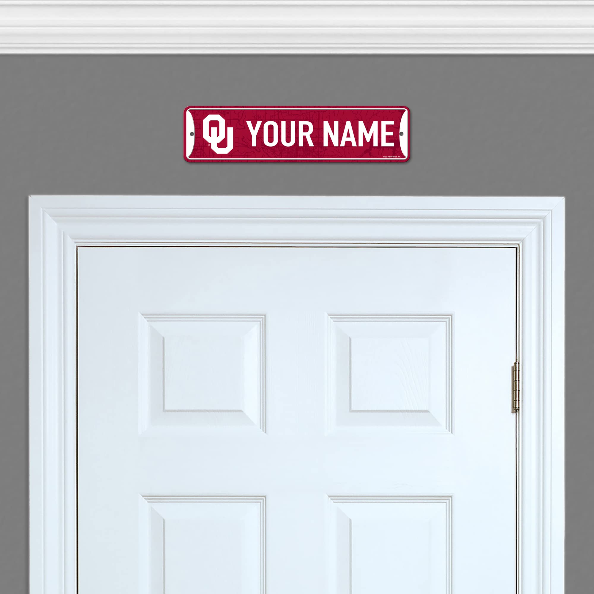 Rico Industries NCAA Oklahoma Sooners Personalized Metal Street Sign 4x15 Inch - College Football Fan Gift, Home Decor for Bedroom, Office & Man Cave - Perfect for Game Room, Dorm & Sports Themed Spaces
