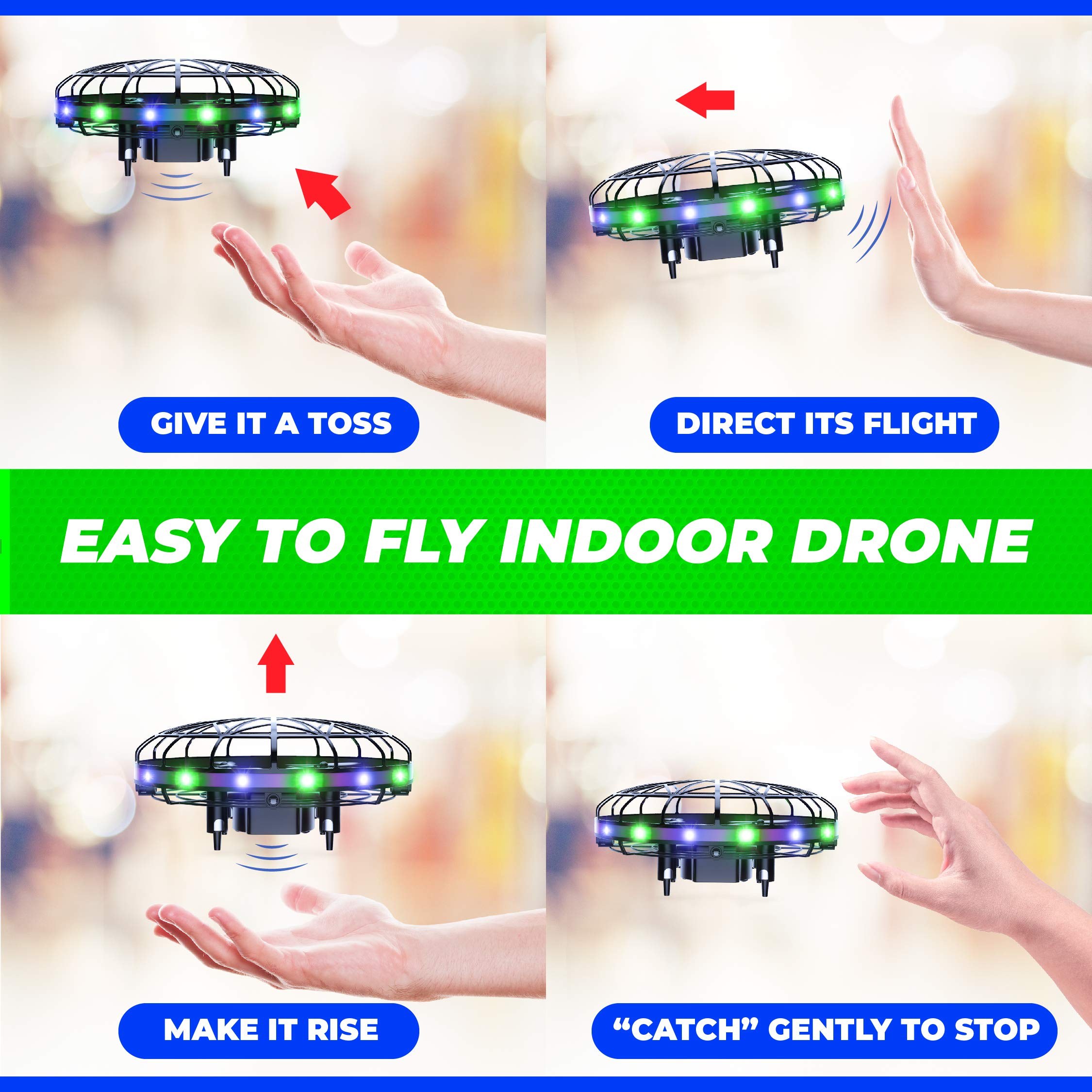 Force1 Scoot LED Hand Operated Drone - Motion Sensor Mini UFO Toy for Kids & Adults | Indoor Flying Ball with Hands-Free Control | Perfect Birthday Gift for Boys & Girls (Green/Blue) | Fun STEM Toy for Home, Office & Party Games