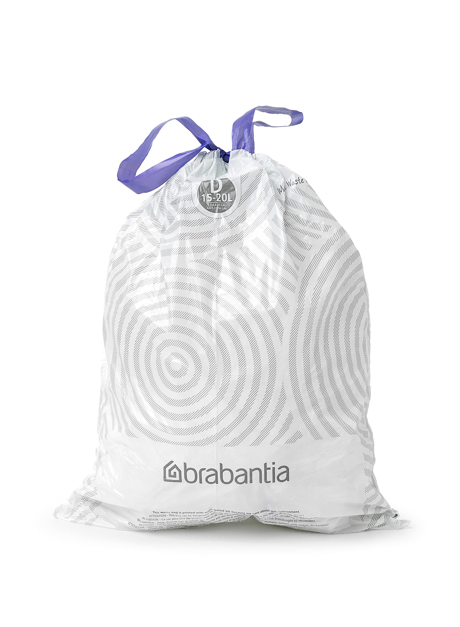 Brabantia PerfectFit Drawstring Trash Bags - 20 Count, 4-5.3 Gallon (Size D) - Thick Plastic Trash Can Liners for Kitchen, Bathroom & Office Waste Disposal