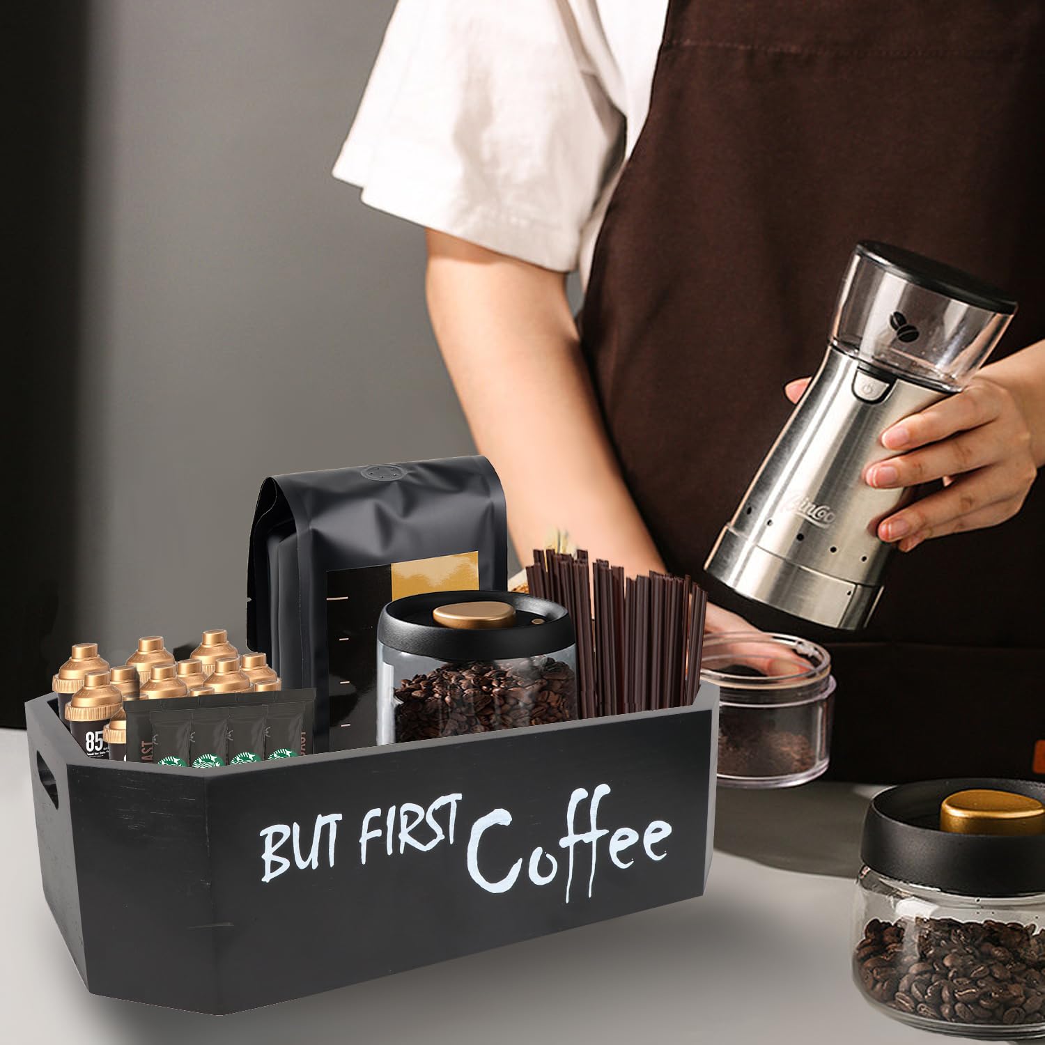 Farmhouse Style Coffee Station Organizer - Zimso Countertop Coffee Bar Organizer with Pod Holder for Keurig K-Cups & Accessories Storage | Perfect for Coffee Lovers, Home Kitchen Decor & Coffee Bar Display (Black Polygon)