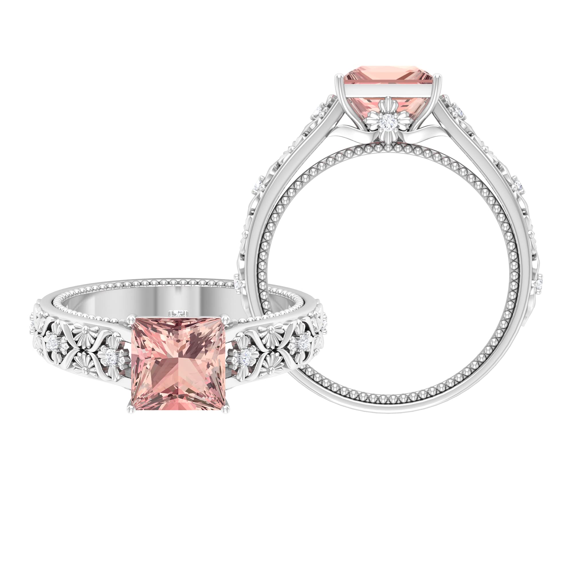1.75 CT Morganite & Diamond Engagement Ring - 7mm Princess Cut Peach Morganite Solitaire in 14K Solid Gold, Floral Inspired Design (Certified) - Perfect for Weddings, Anniversaries & Romantic Gifts