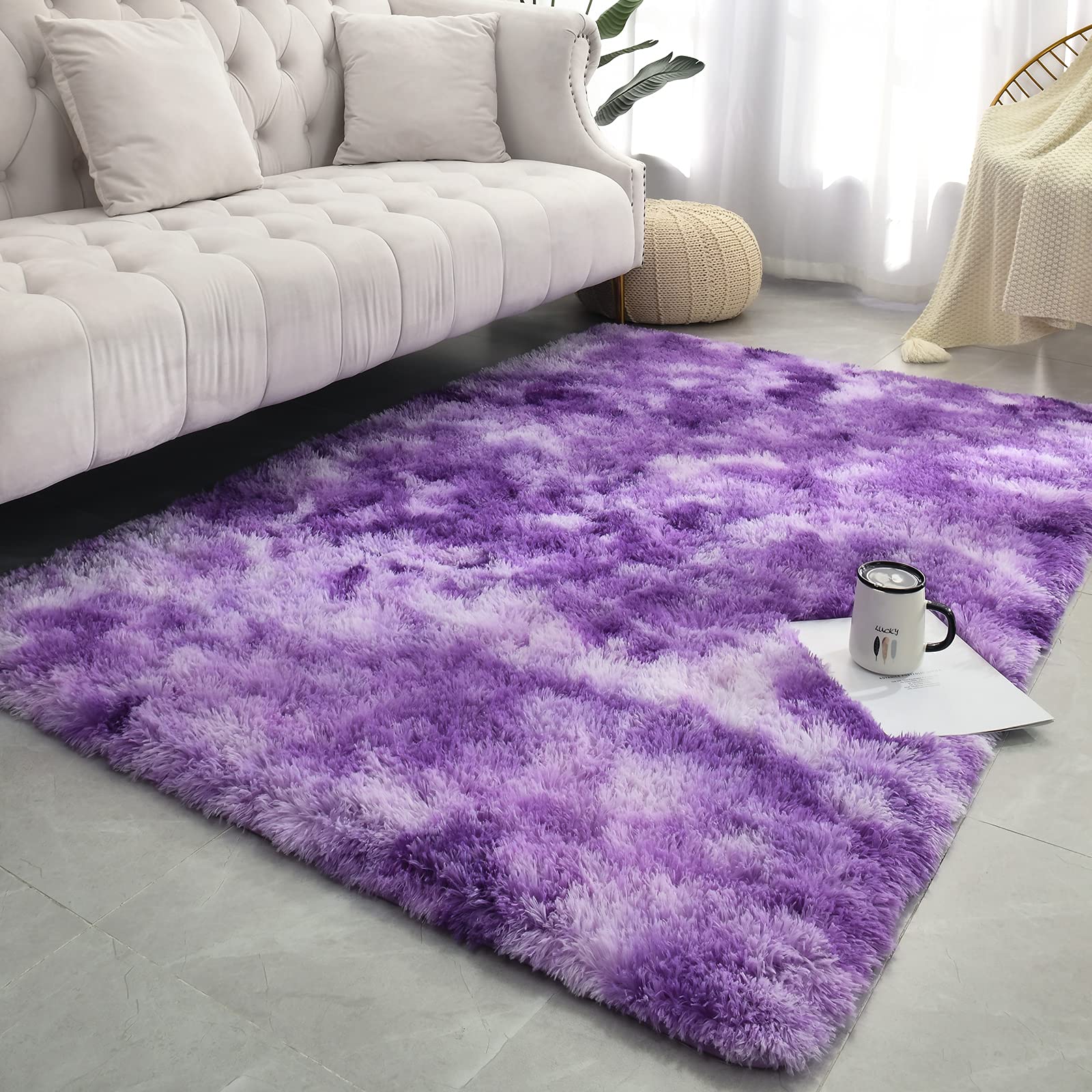 Astorug Fluffy Shaggy Area Rug - Non-Slip Tie-Dyed Purple Fuzzy Carpet for Bedroom, Living Room, Kids Room & Nursery - Soft Rectangle Dorm Rug (6x9 Feet) - Perfect for Cozy Home Decor & Floor Protection