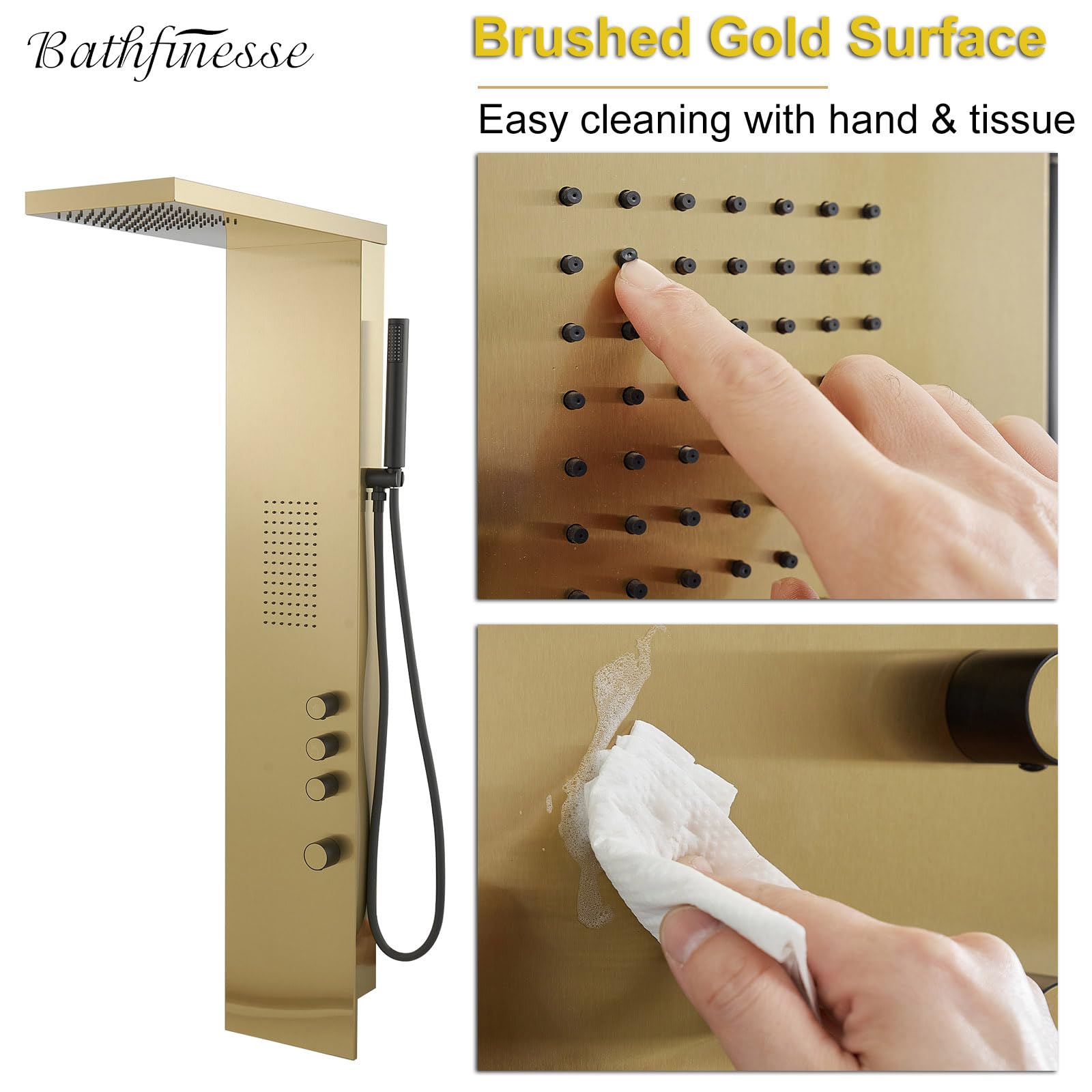 Brushed Gold Shower Tower Panel System with Body Jet Massage & Rainfall Hand Shower - High Pressure Bathroom Fixture for Spa-Like Experience | Perfect for Master Bathrooms & Luxury Home Renovations