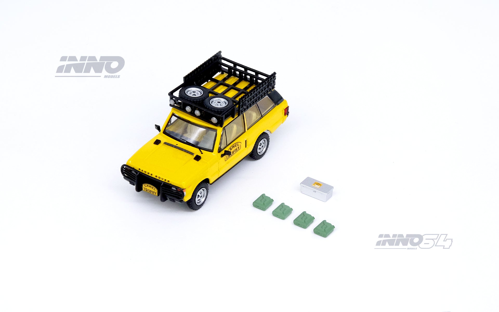 INNO64 1:64 Scale Range Rover Classic Camel Trophy 1982 Diecast Model Car with Accessories - Perfect for Collectors, Display, and Diorama Scenes