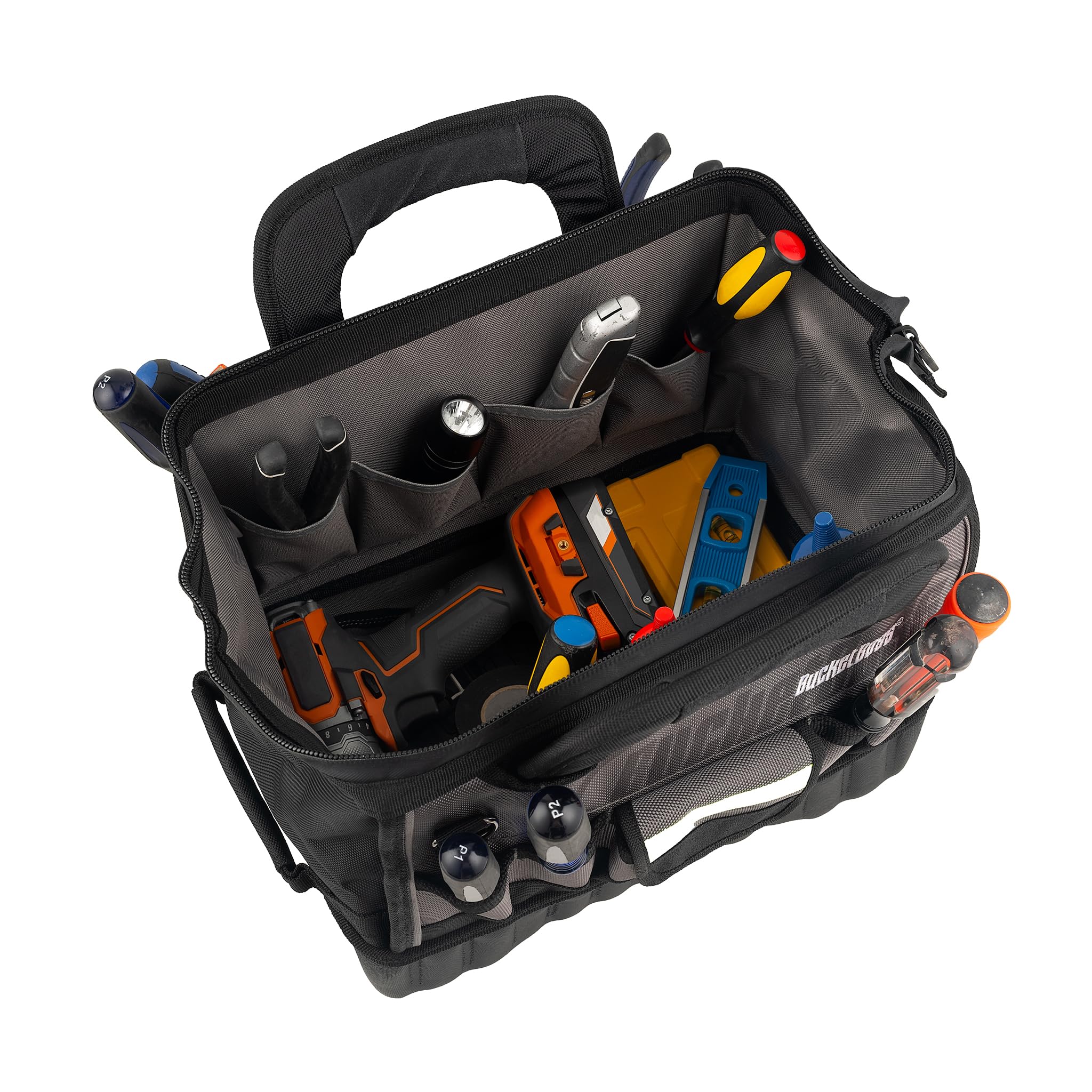 Bucket Boss 14 HV Pro Tool Bag - Professional Series (65114-HV) Grey & Black 14 Inch Heavy Duty Tool Organizer for Electricians, Contractors & DIY Home Improvement Projects