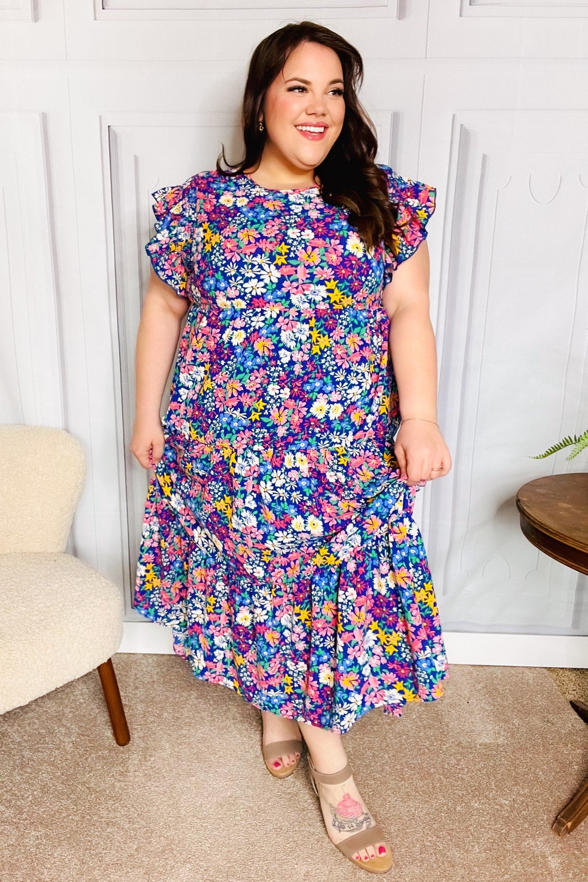 Haptics Just A Dream Navy Floral Smocked Ruffle Sleeve Maxi Dress - Elegant Summer Beach Wedding Guest Dress for Women