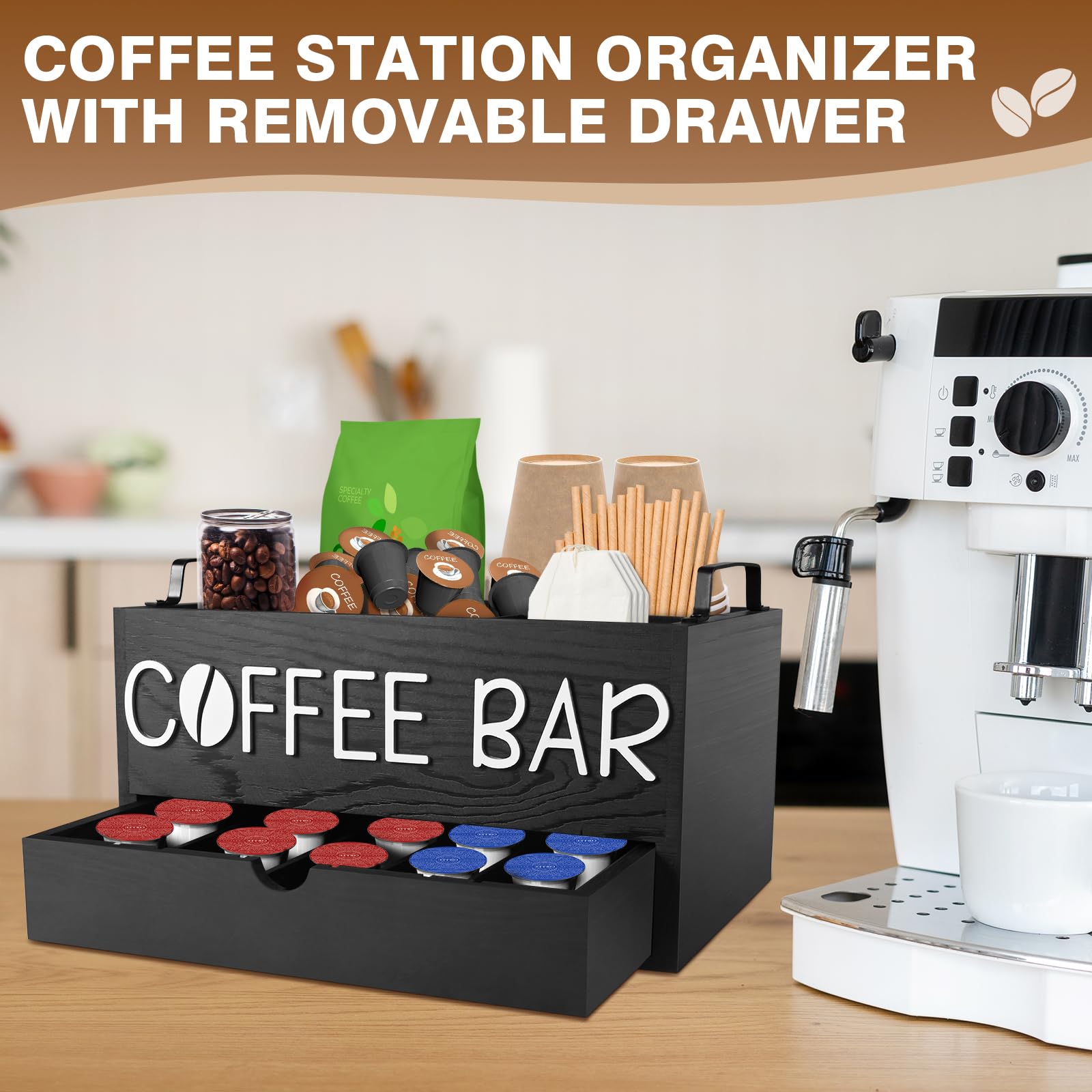Wooden Coffee Station Organizer with Drawer & Removable Dividers - Countertop Coffee Pod Holder Storage Box - Perfect for Office Coffee Bar & Home Kitchen Organization