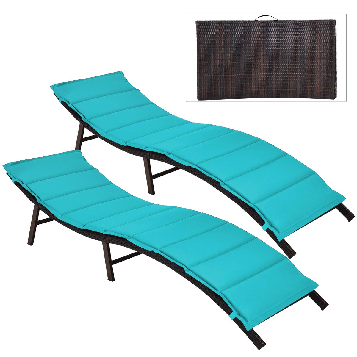 Tangkula Set of 2 Foldable Outdoor Patio Chaise Lounge Chairs with Double-Sided Cushions - Wicker Sunbeds for Poolside, Garden, Lawn, Backyard & Sunroom (Turquoise) - Perfect for Relaxing, Sunbathing and Outdoor Lounging