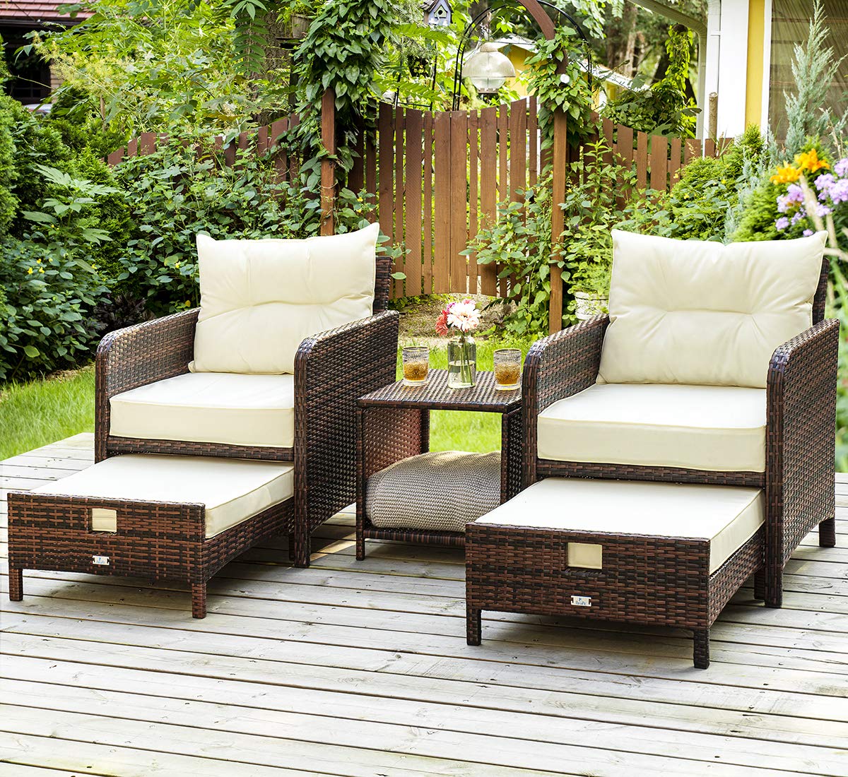 Pamapic 5-Piece Rattan Patio Furniture Set with Ottomans & Coffee Table - PE Wicker Outdoor Chairs for Poolside, Porch, Garden, Balcony, Lawn - Beige | Perfect for Relaxing, Entertaining & Outdoor Dining