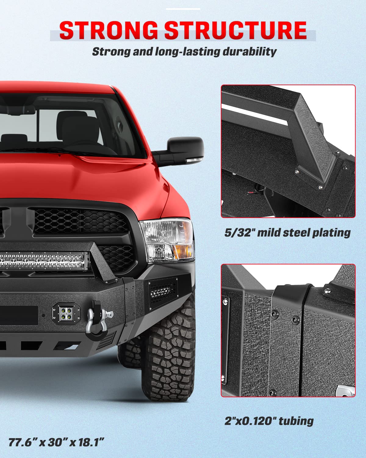 CCIYU Textured Black Front & Rear Bumper with D-Ring & LED Lights | Winch Plate Compatible for 2013-2018 Dodge Ram 1500 (Excluding Rebel) | Off-Road Protection & Style Upgrade