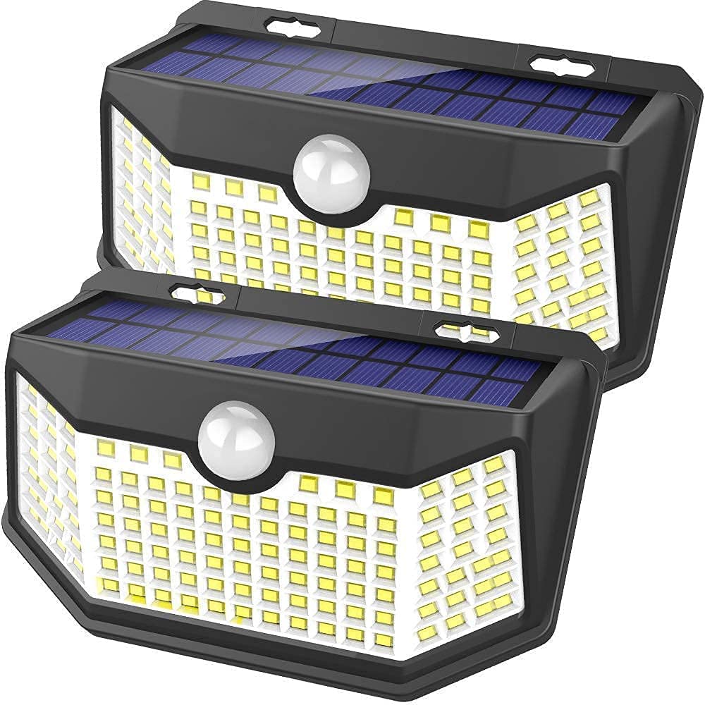 HMCITY 120 LED Solar Lights Outdoor with Motion Sensor, 3 Lighting Modes & IP65 Waterproof - Solar Powered Wall Lights for Garden, Patio, Yard, Pathway (2 Pack) - Perfect for Nighttime Security & Landscape Lighting