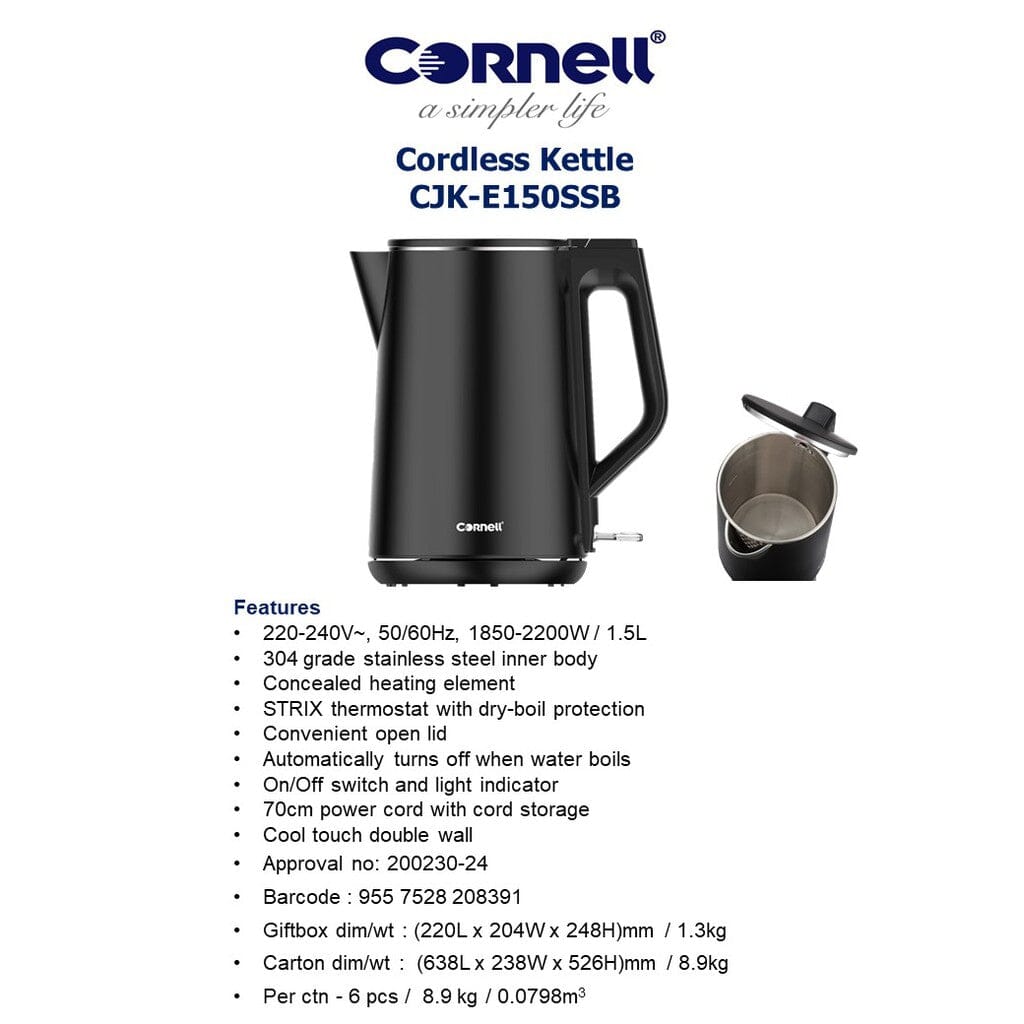 Cornell CJKE150SSB/SW 1.5L Stainless Steel Cordless Electric Kettle - Cool Touch Double Wall, Fast Boiling, Auto Shut-Off - Perfect for Home, Office, Dorm & Travel Use